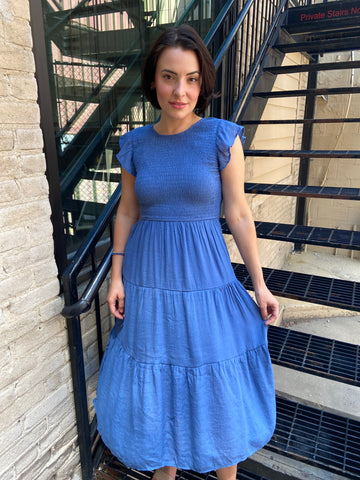 Stella Blue Smocked Tiered Midi Dress