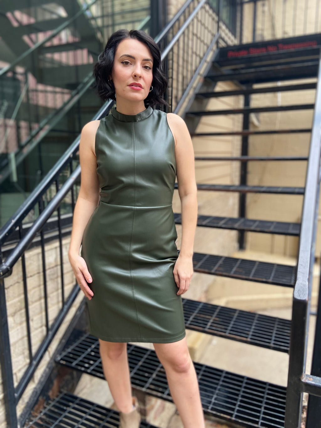 Malina Forest Green Vegan Leather High Neck Sleeveless Mini Dress