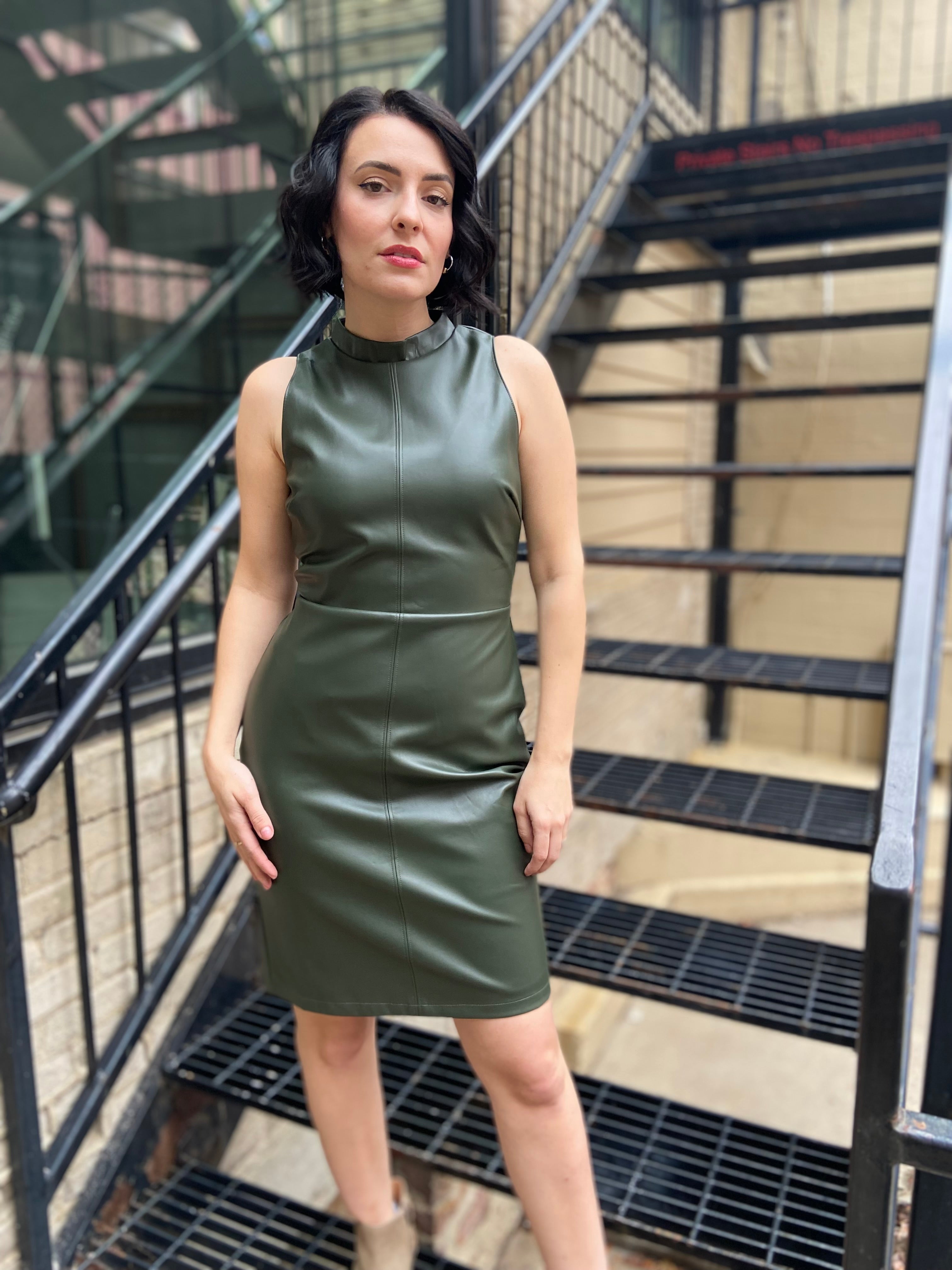 Malina Forest Green Vegan Leather High Neck Sleeveless Mini Dress