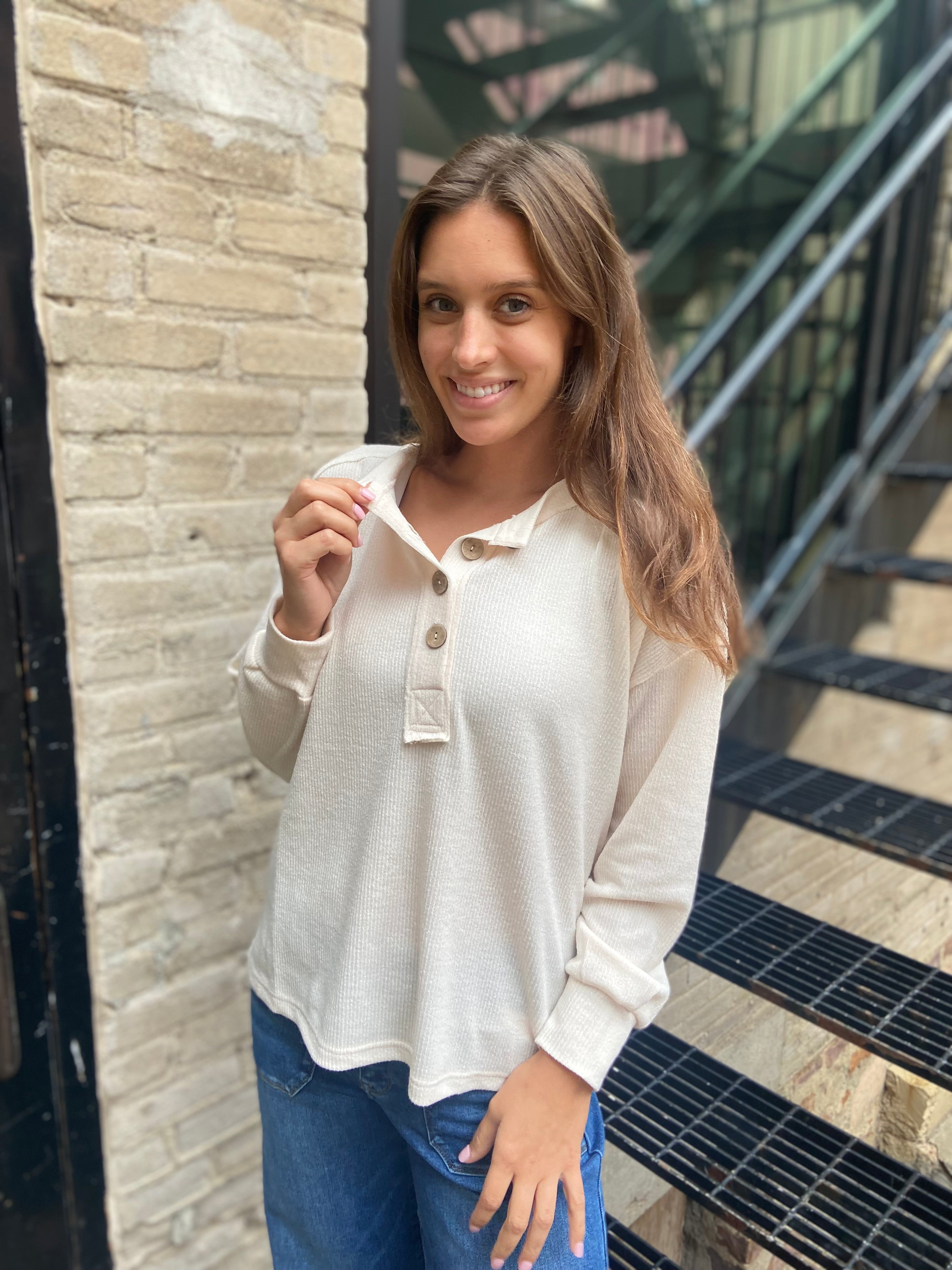 Kit Cream Ribbed Henley Long Sleeve Top