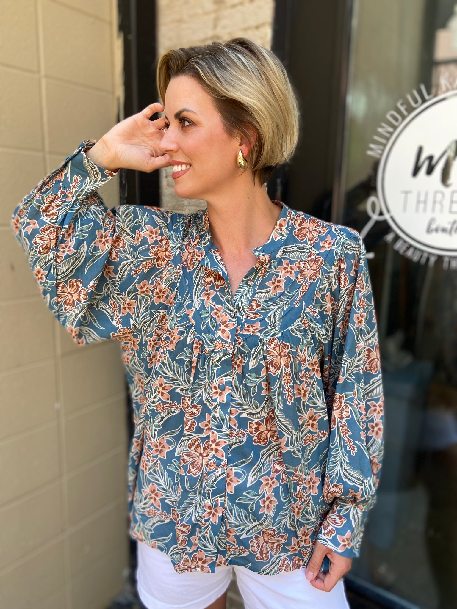 Gale Blue Retro Floral Long Sleeve Blouse