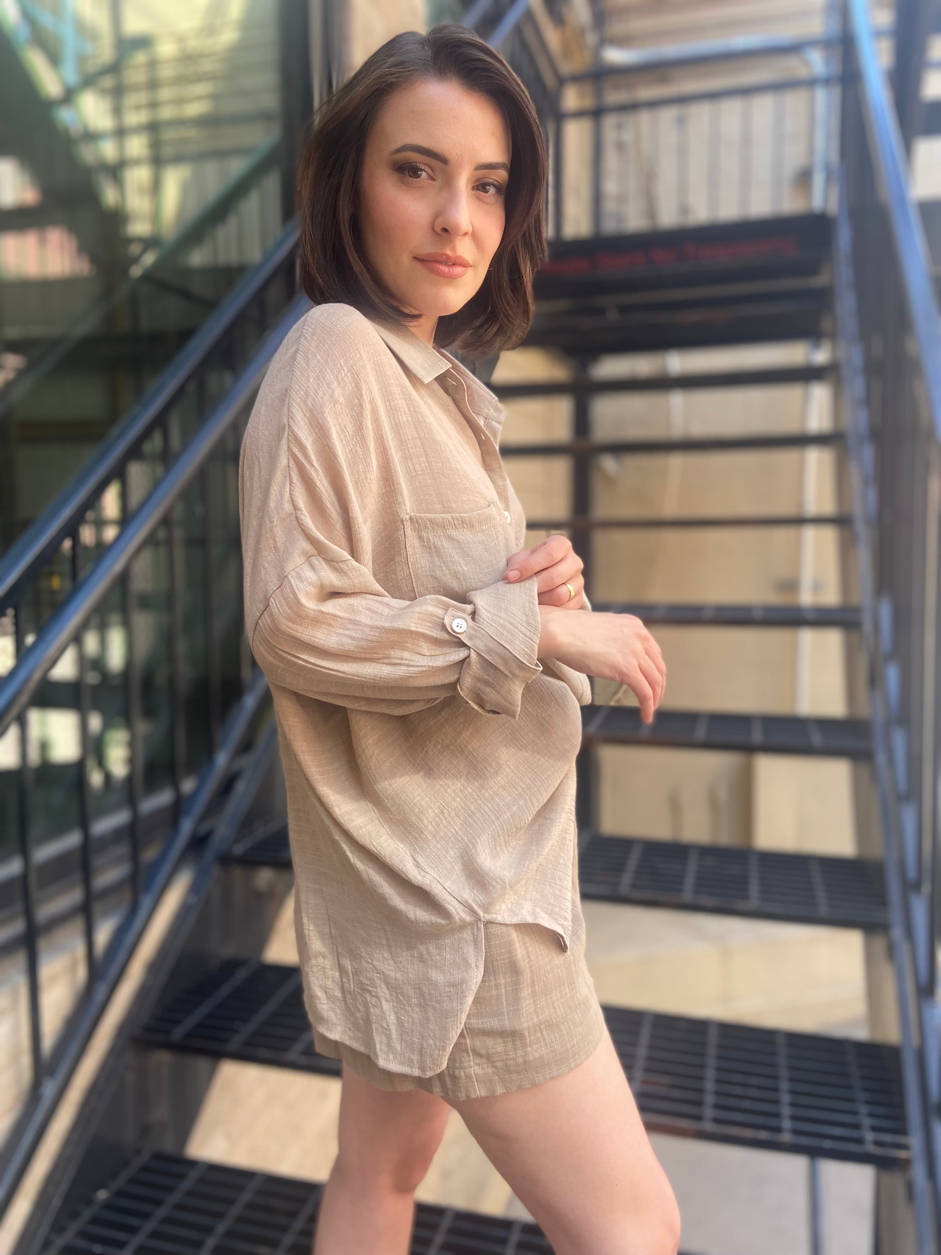 Georgia Taupe Sheer Oversized Button Up - MK Threads Boutique