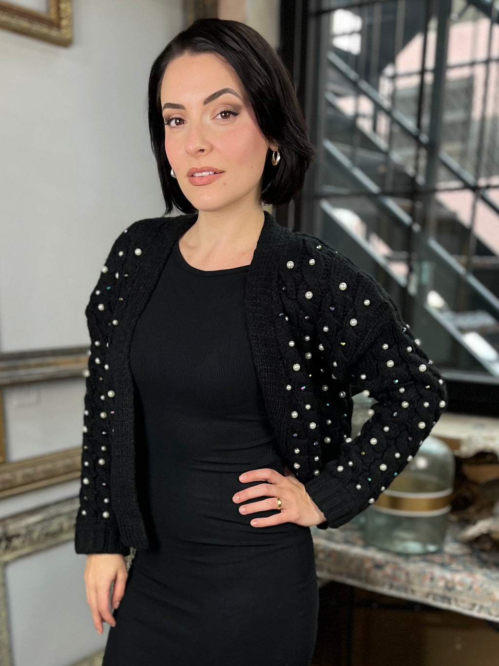 Sadie Black Knit Rhinestone Cardigan