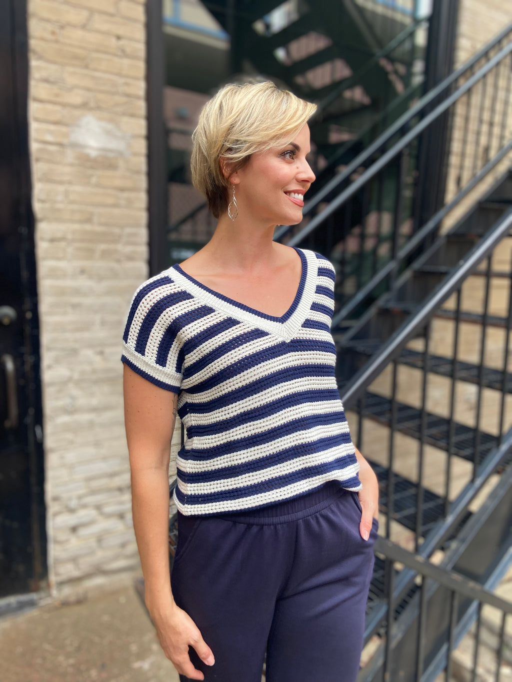 KiKi Navy Striped Crochet Knit Short Sleeve