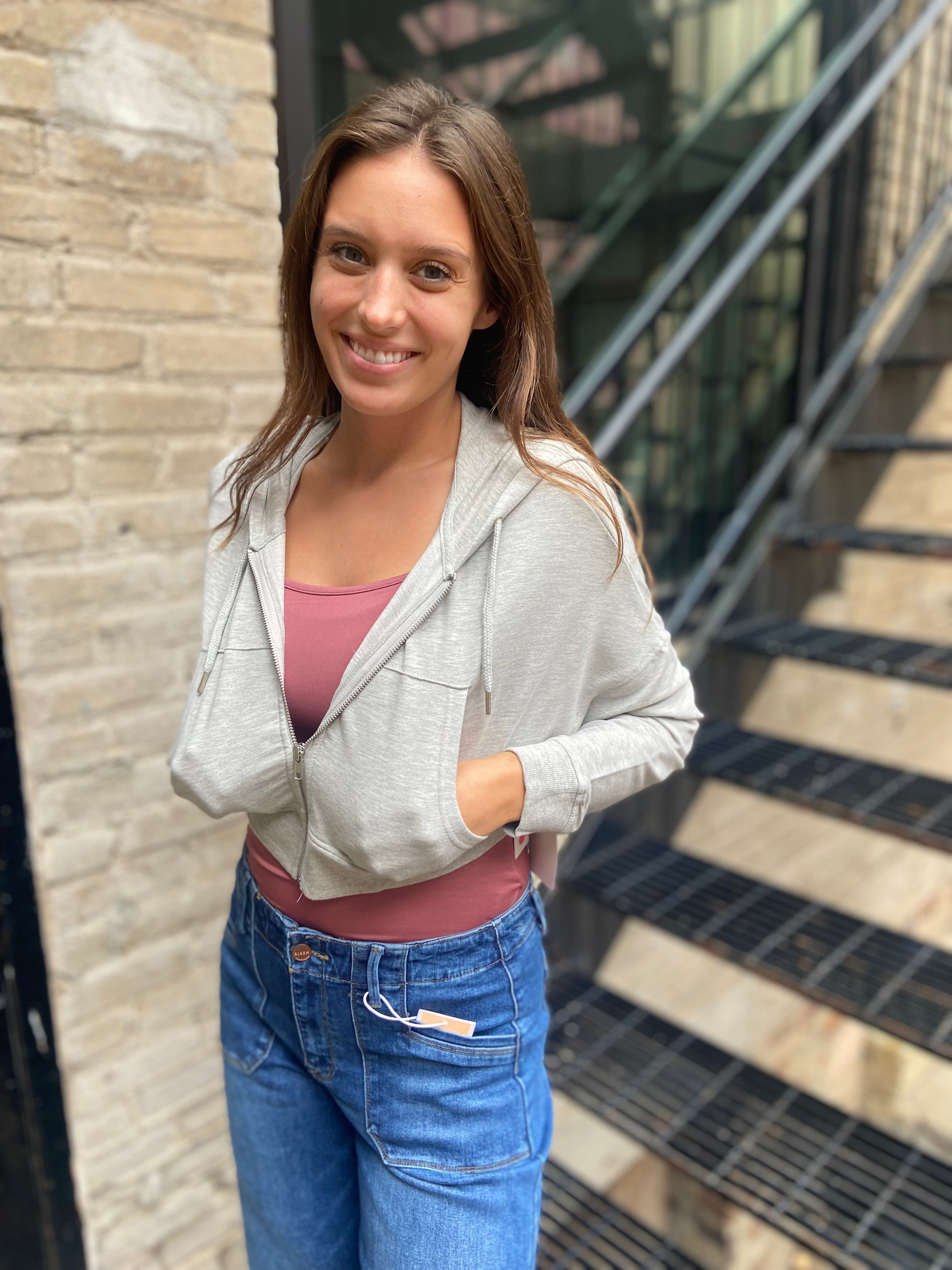 Kim Heather Gray Cropped Zip Up Hoodie