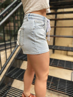 Allie Light Wash Elastic Tie Risen Jean Shorts
