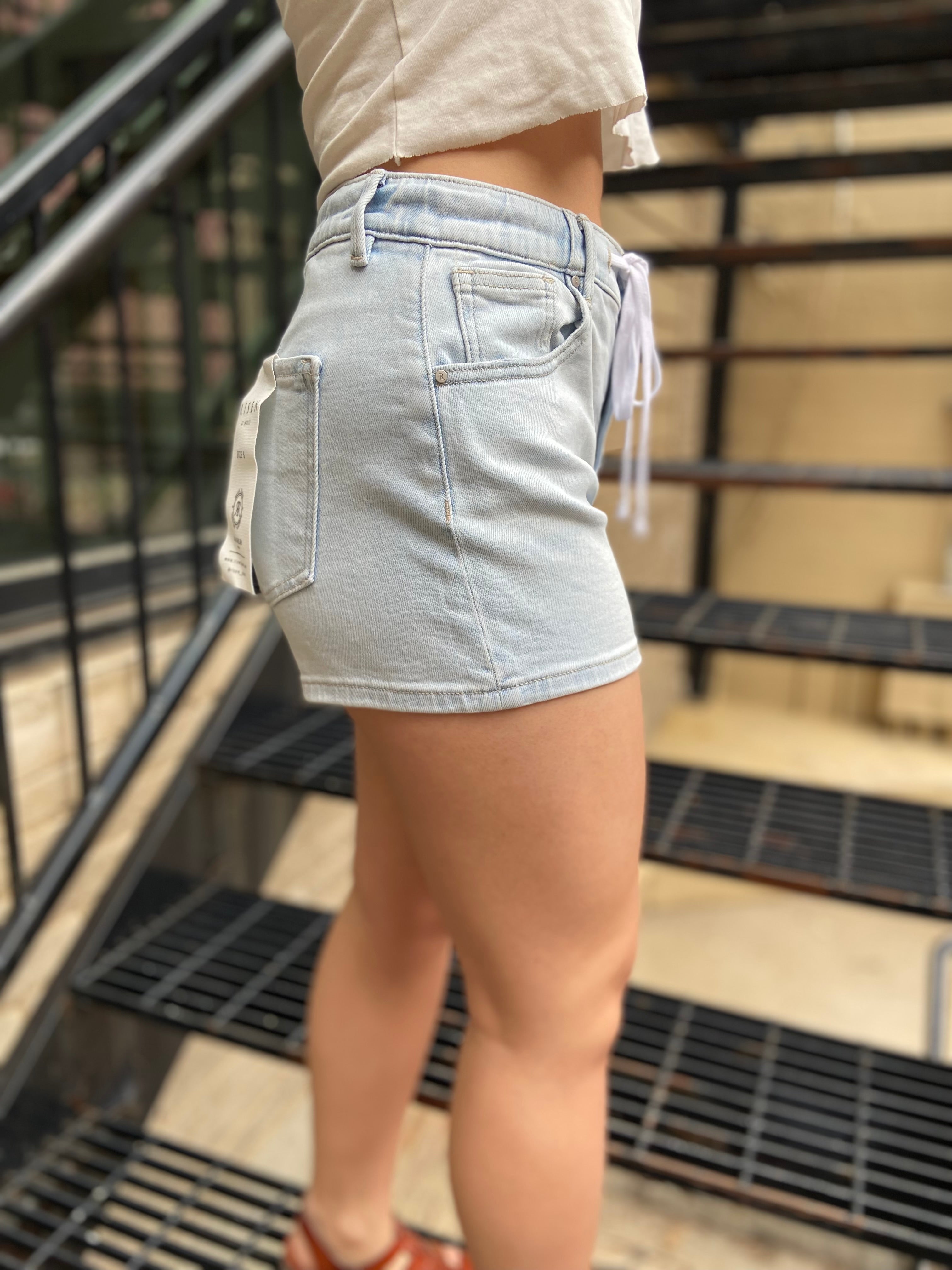Allie Light Wash Elastic Tie Risen Jean Shorts