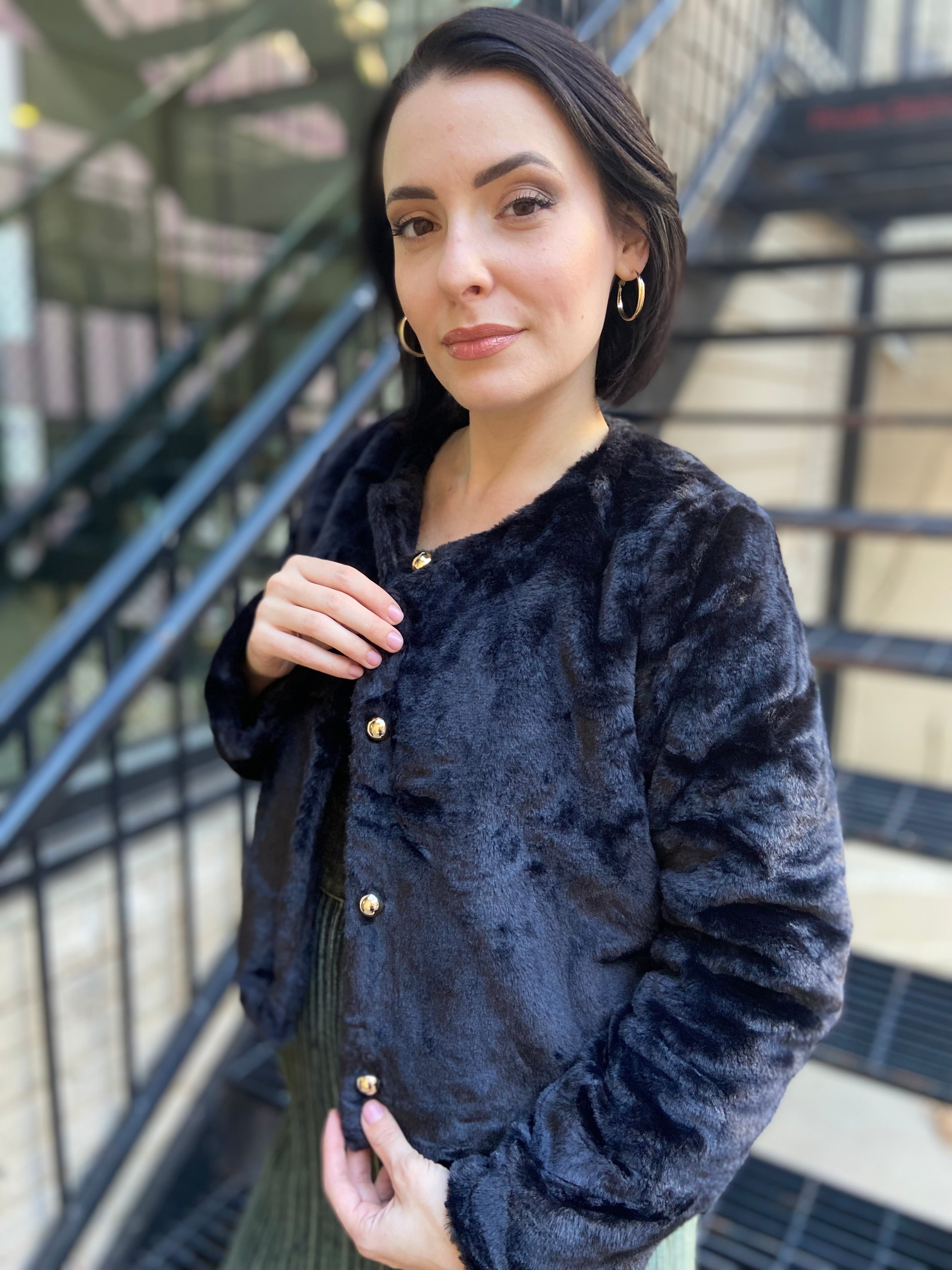 Lily Black Faux Fur Gold Button Jacket