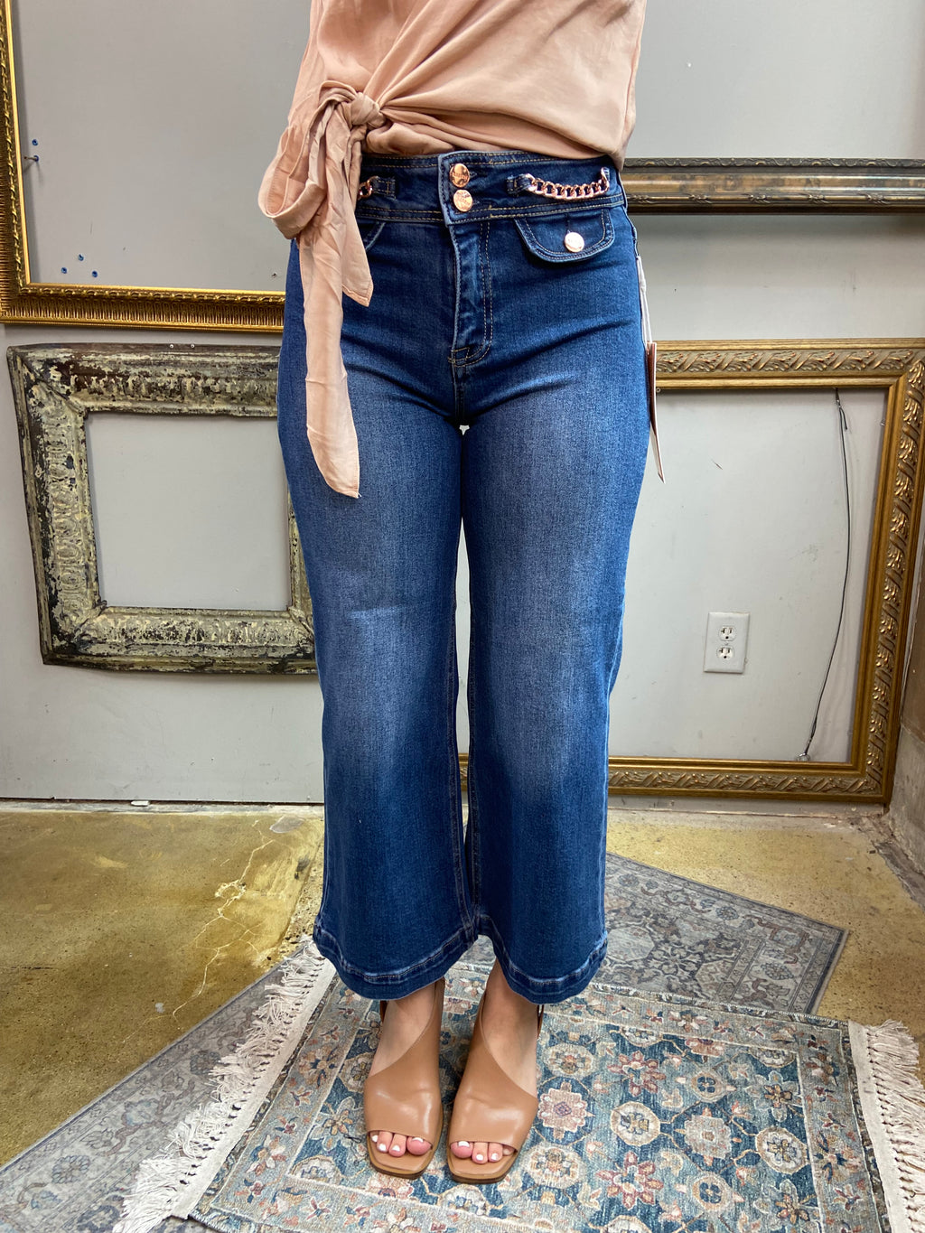Steph Dark Wash High Rise Crop Chain Detail Risen Jeans - MK Threads Boutique