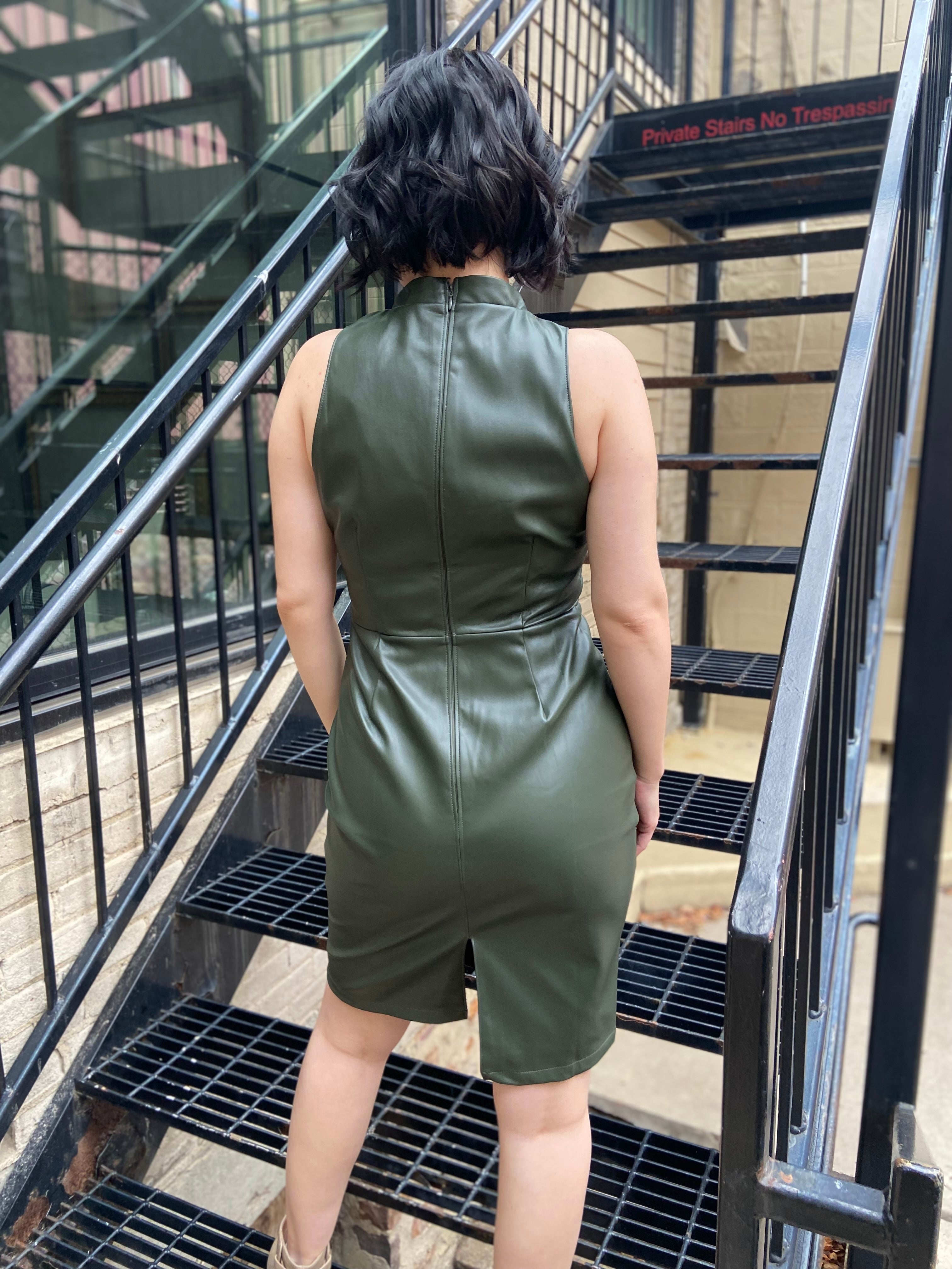 Malina Forest Green Vegan Leather High Neck Sleeveless Mini Dress