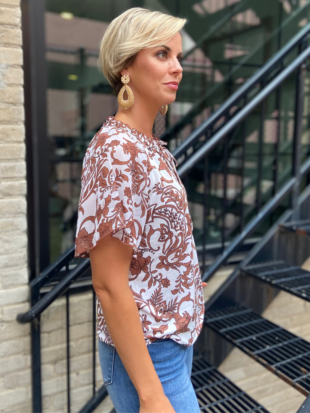 Nelly Brown Floral Neck Tie Ruffle Blouse