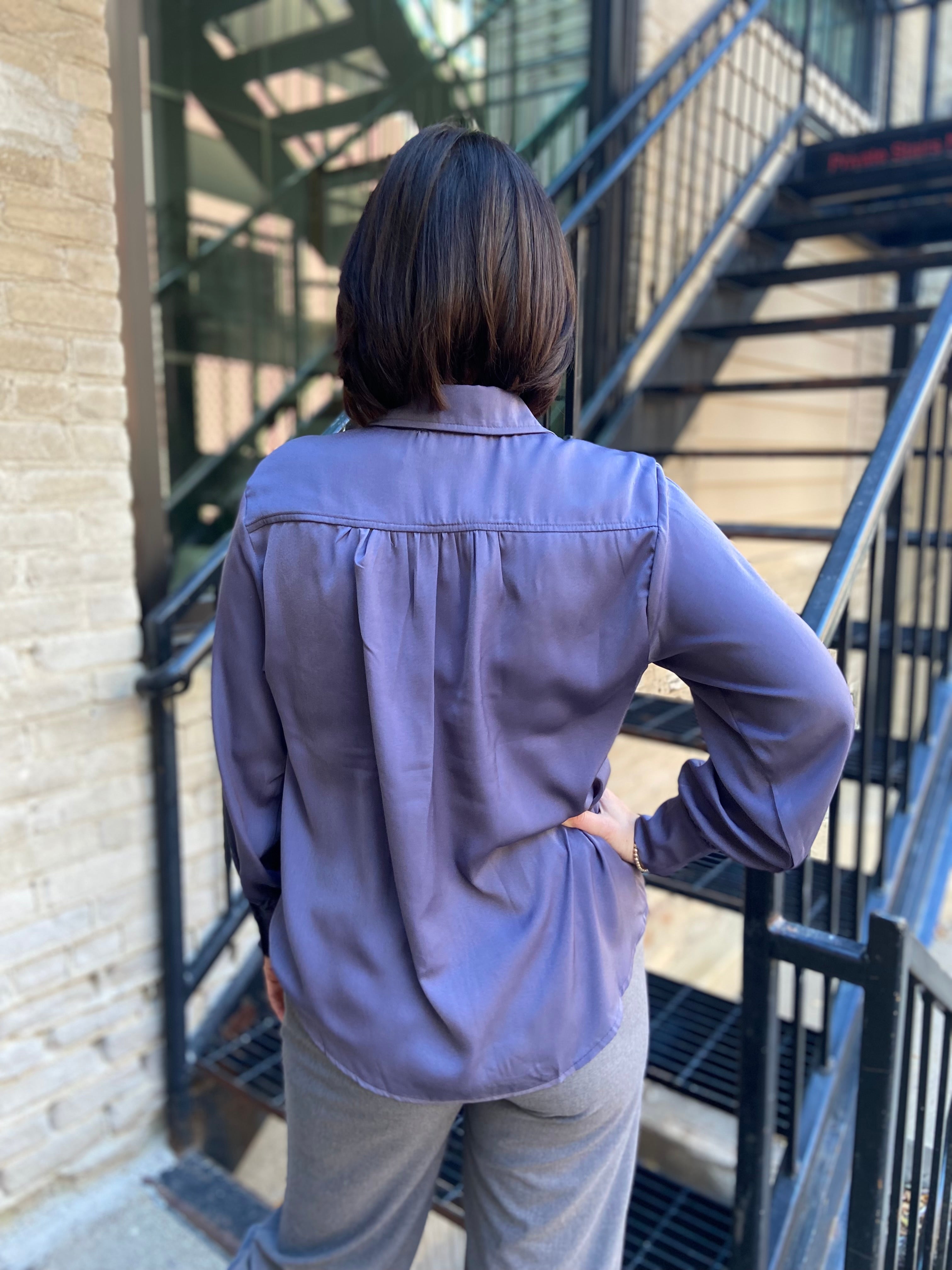 Kate Dusty Blue Pleated Long Sleeve Button Up