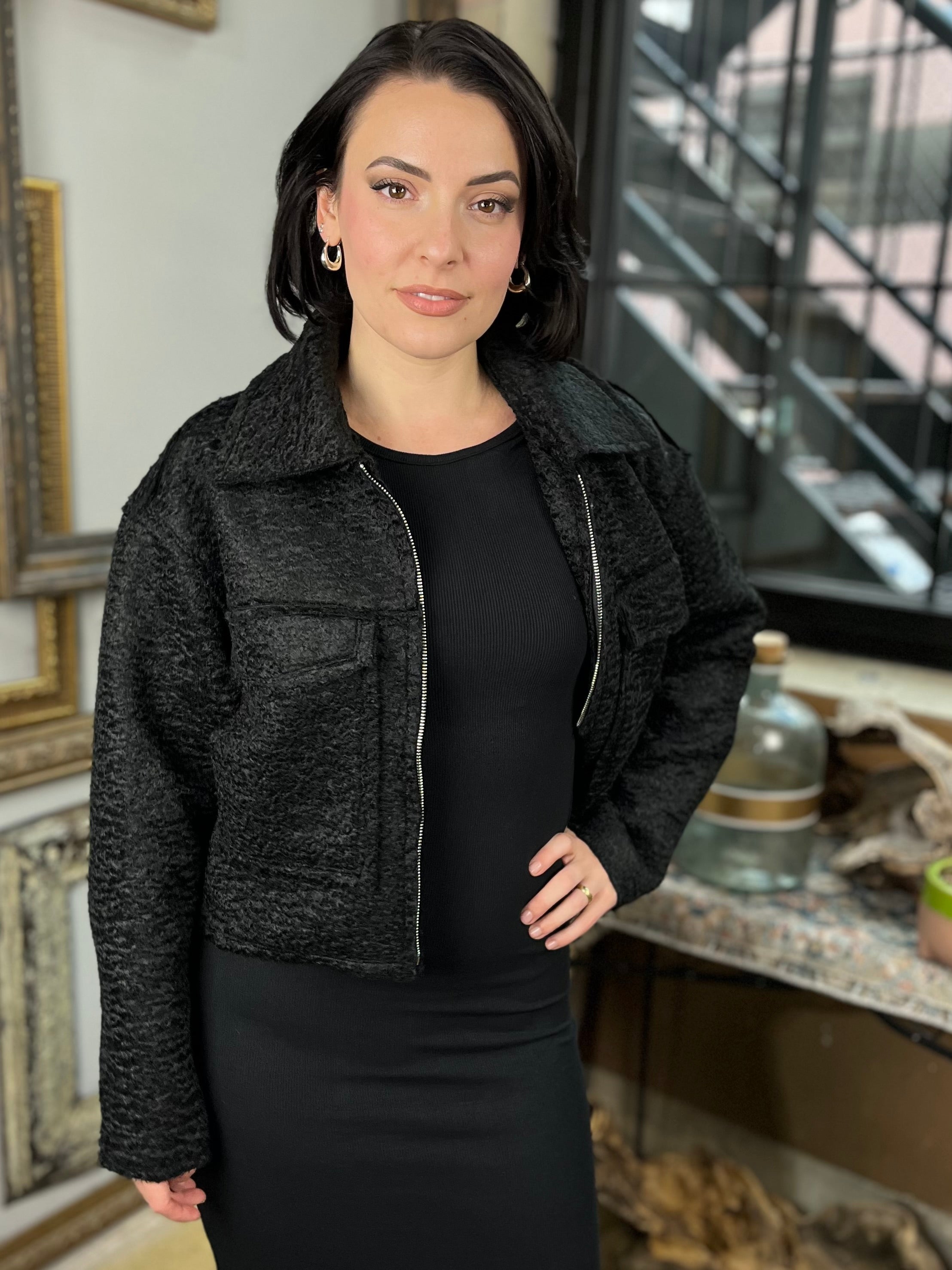 Natalie Black Boucle Cropped Jacket