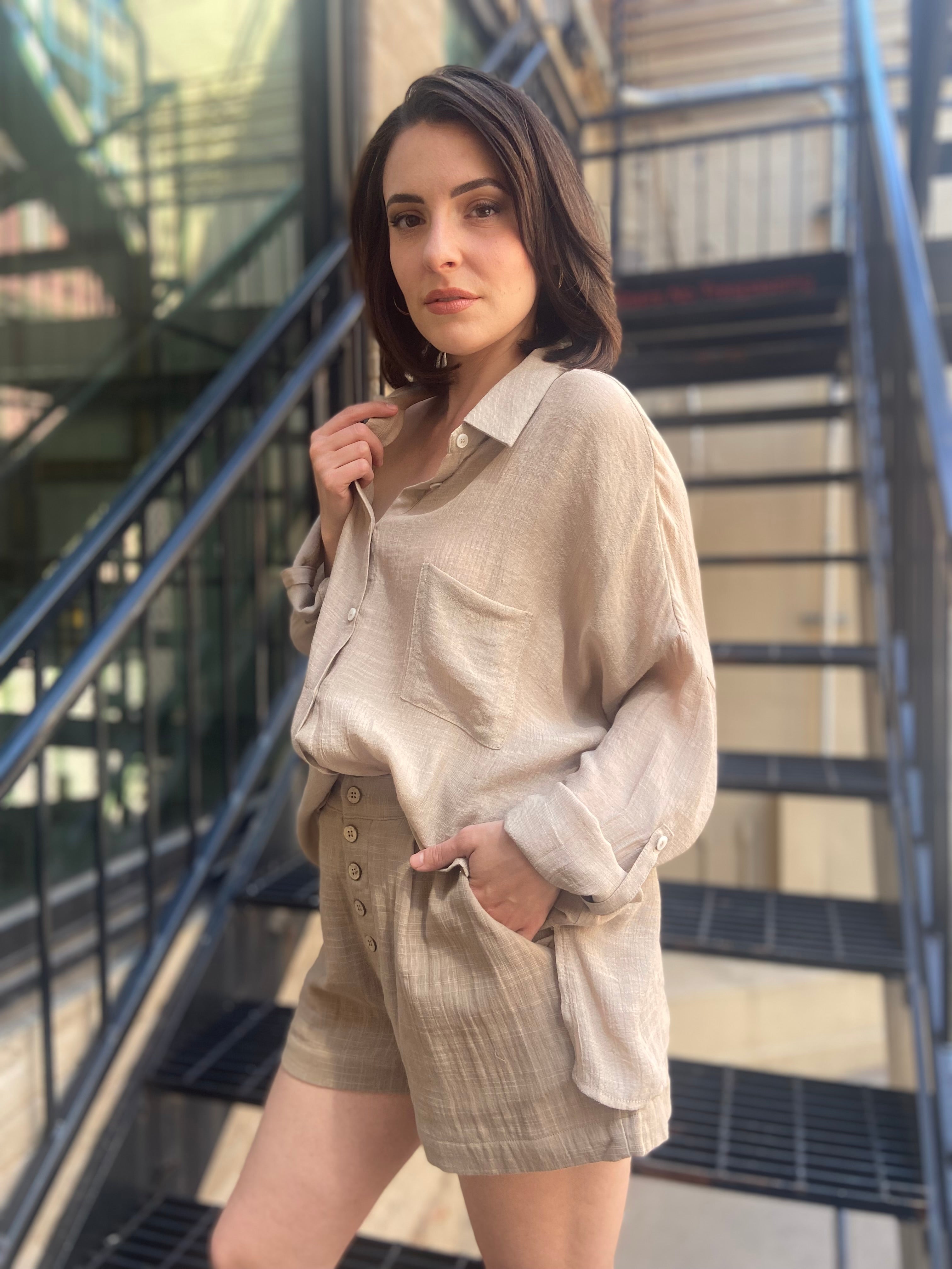 Georgia Taupe Sheer Oversized Button Up - MK Threads Boutique