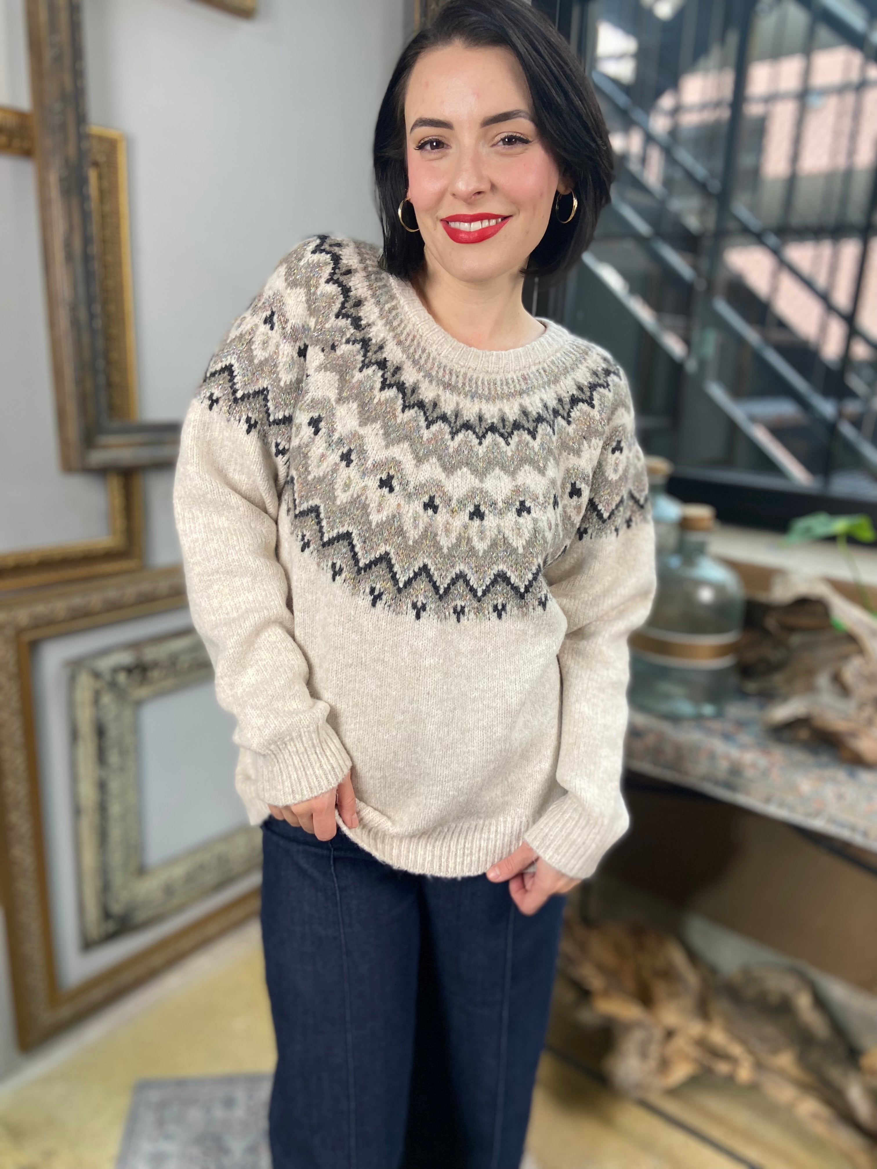 Cassie Khaki Pattern Knit Sweater