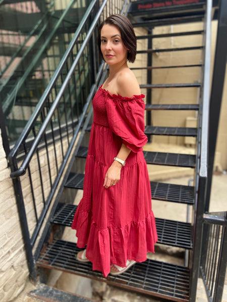 Tatum Wine Puff Sleeve Midi dress