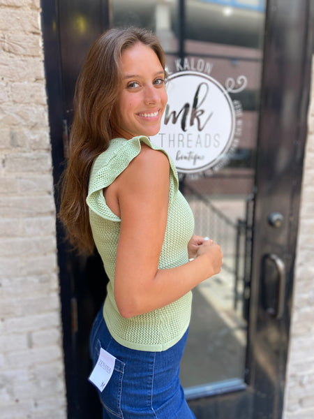 Olin Light Sage Ruffle Sleeve Knit Top