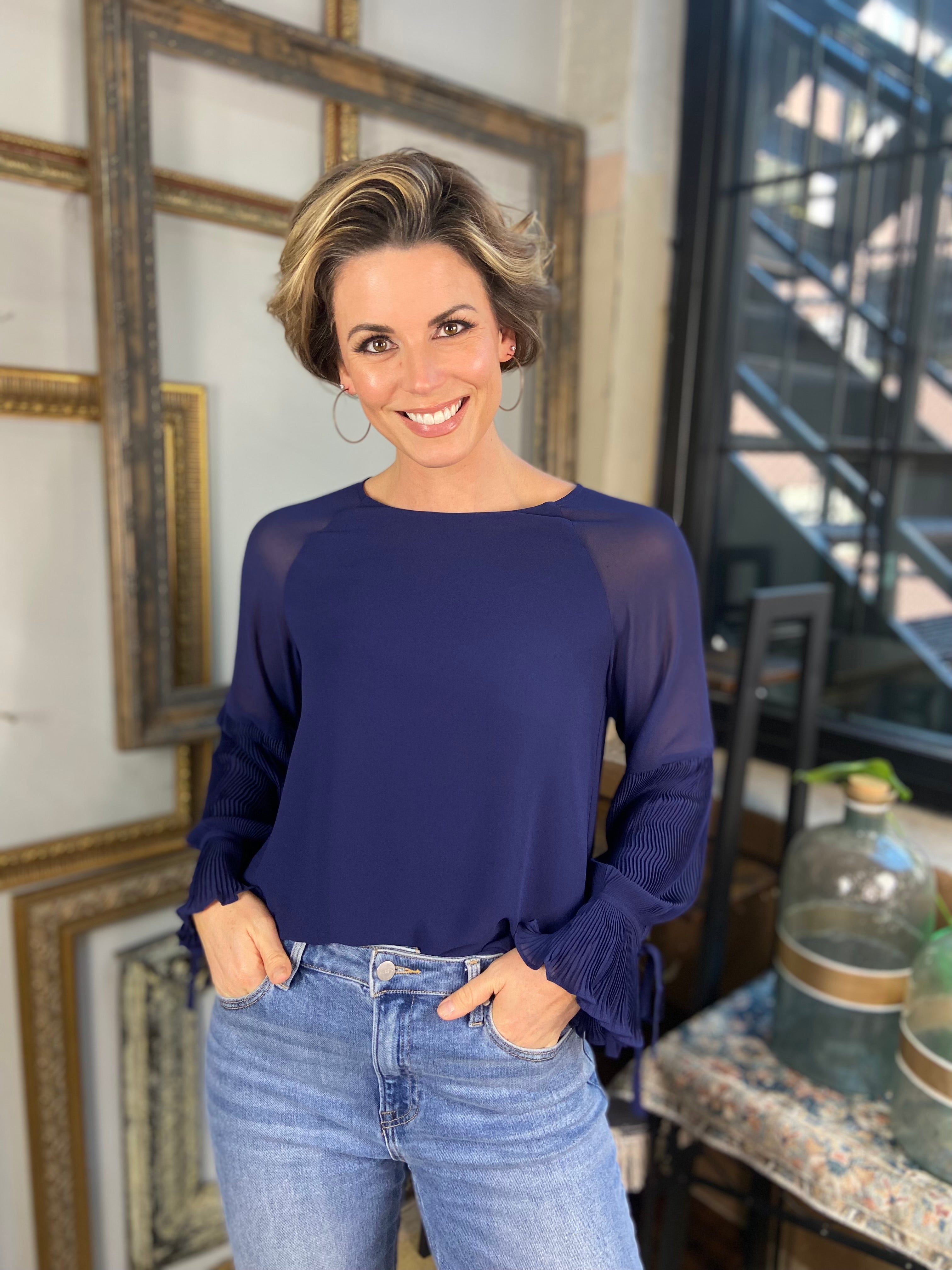 Olivia Navy Pleated Bell Sleeve Long Sleeve Blouse - MK Threads Boutique