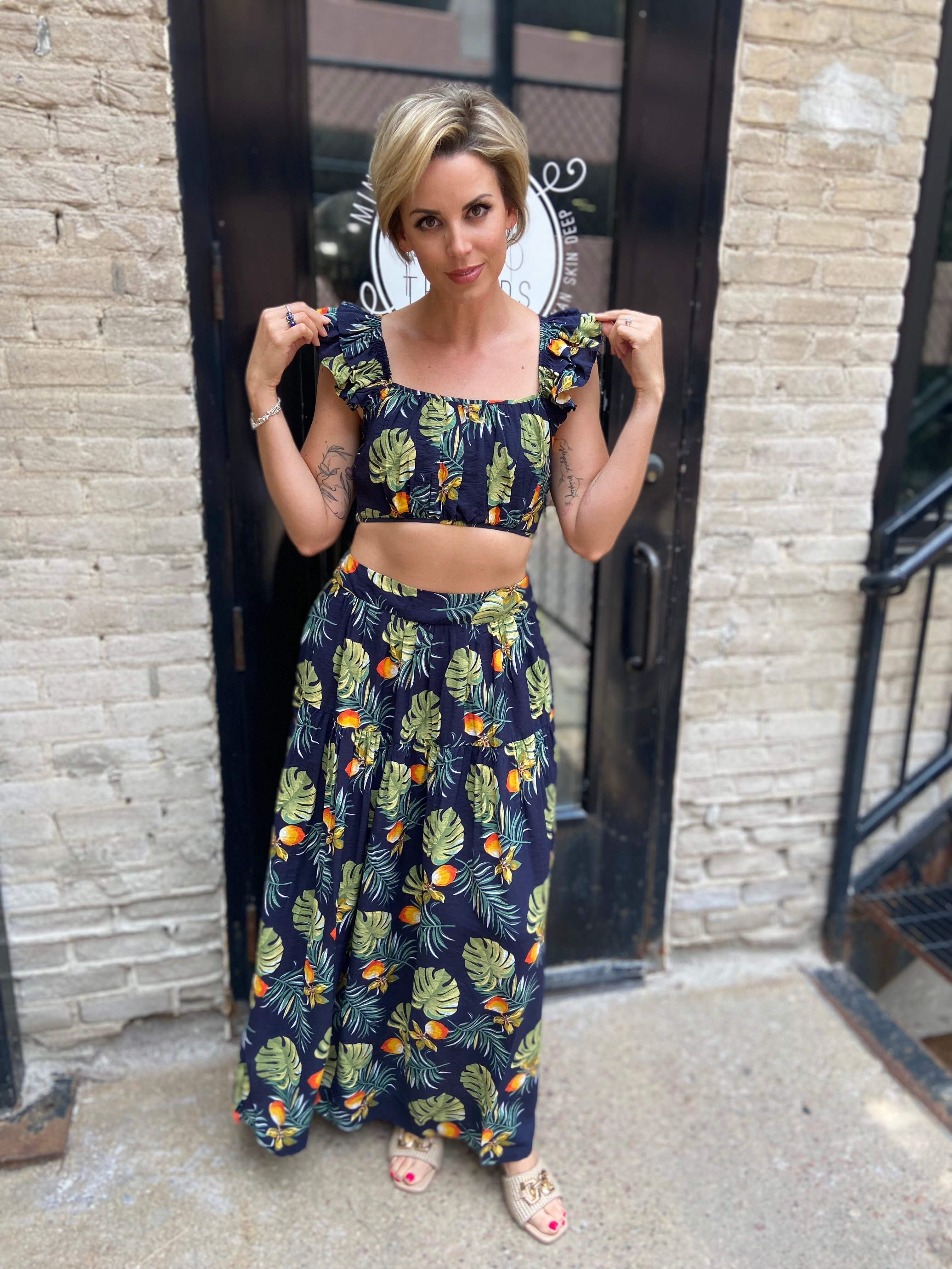 Kathy Navy Tropical Maxi Skirt Set