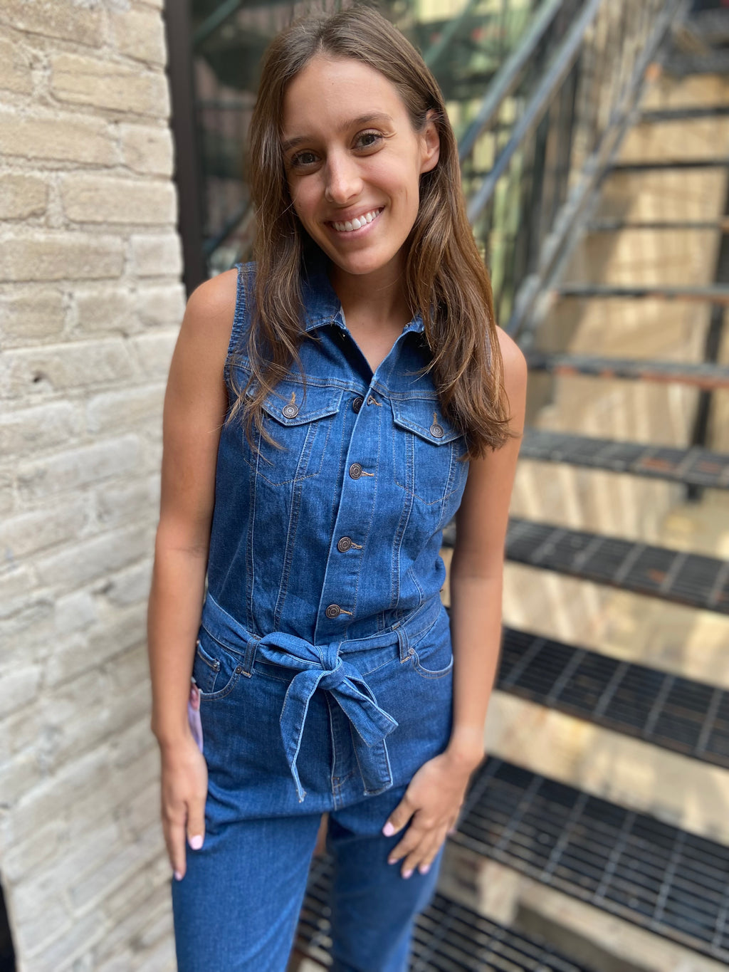 Claire Medium Wash Straight Leg Tie Waist Denim Jumpsuit