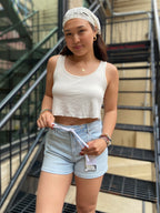 Allie Light Wash Elastic Tie Risen Jean Shorts