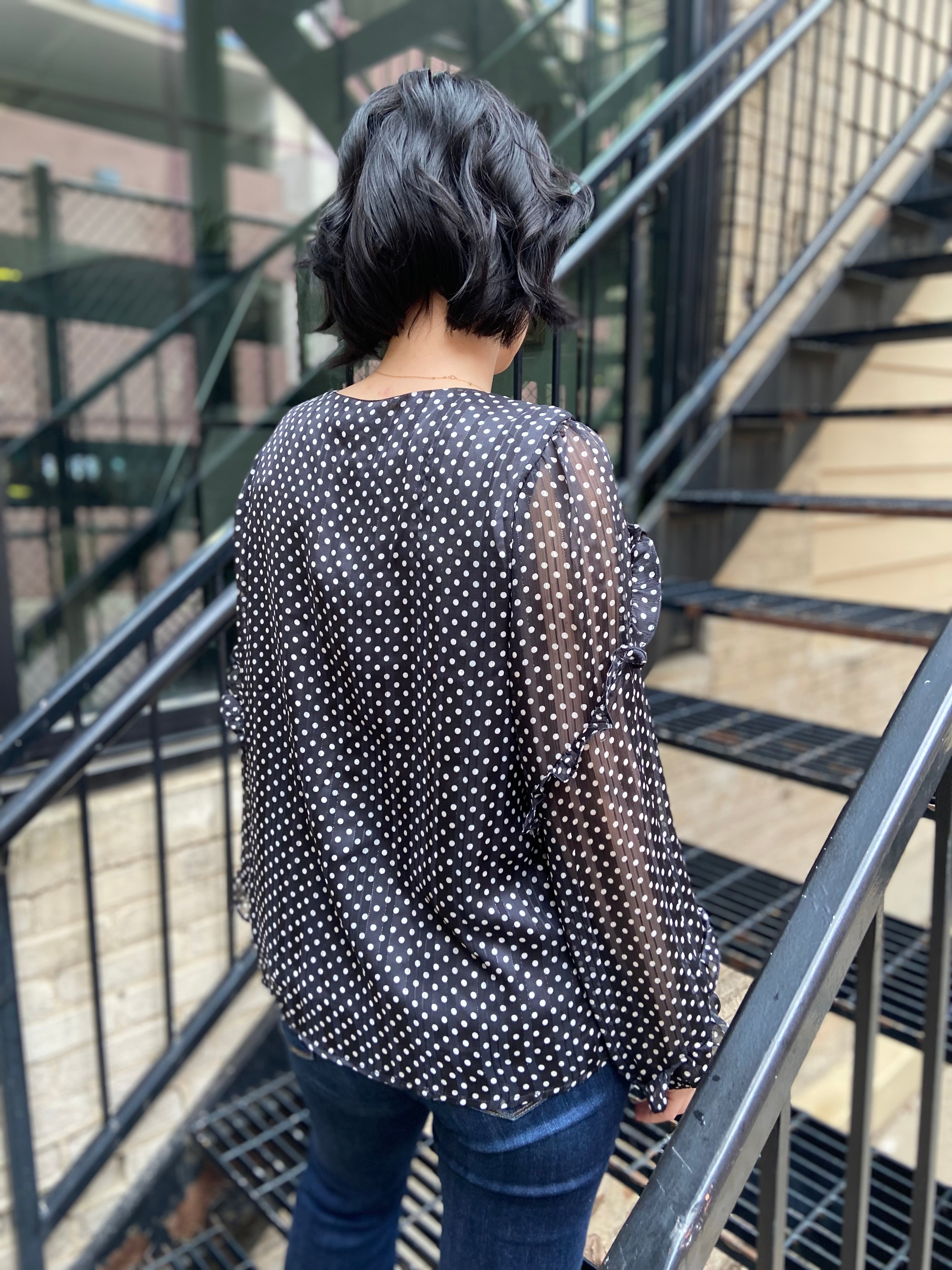 Erika Black & White Polka Dot Long Sleeve Blouse