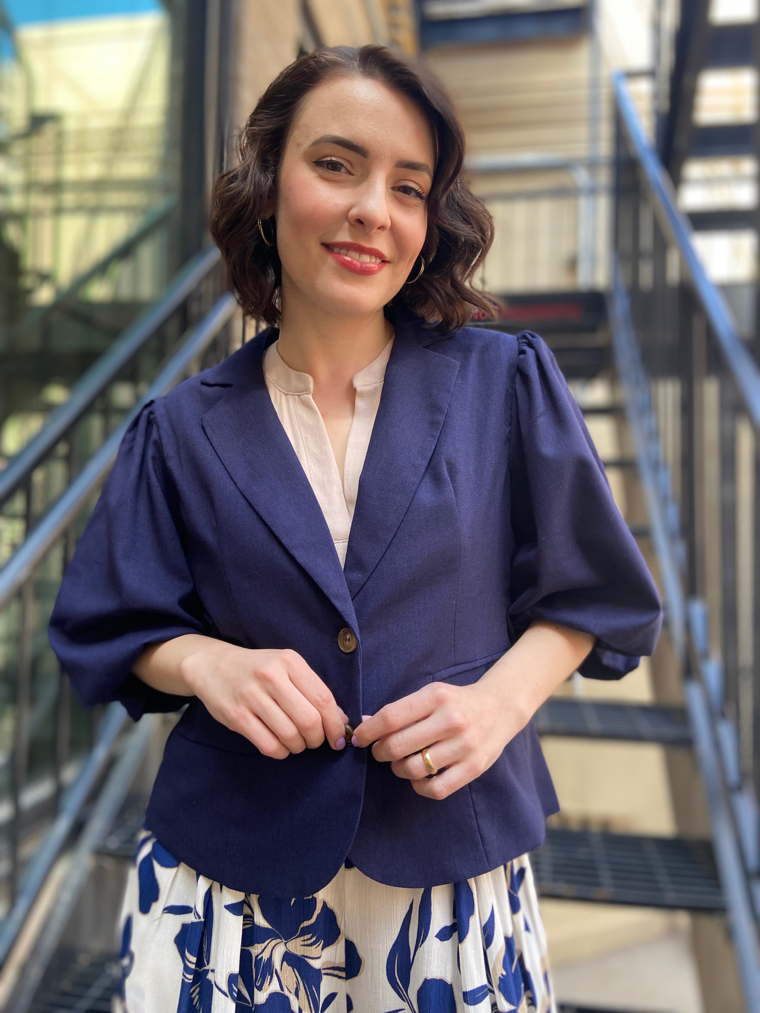 Oakley Navy Blue Bubble Sleeve Blazer Top - MK Threads Boutique