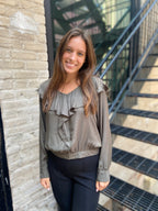 Nicole Dusty Olive Ruffled V-Neck Long Sleeve Blouse
