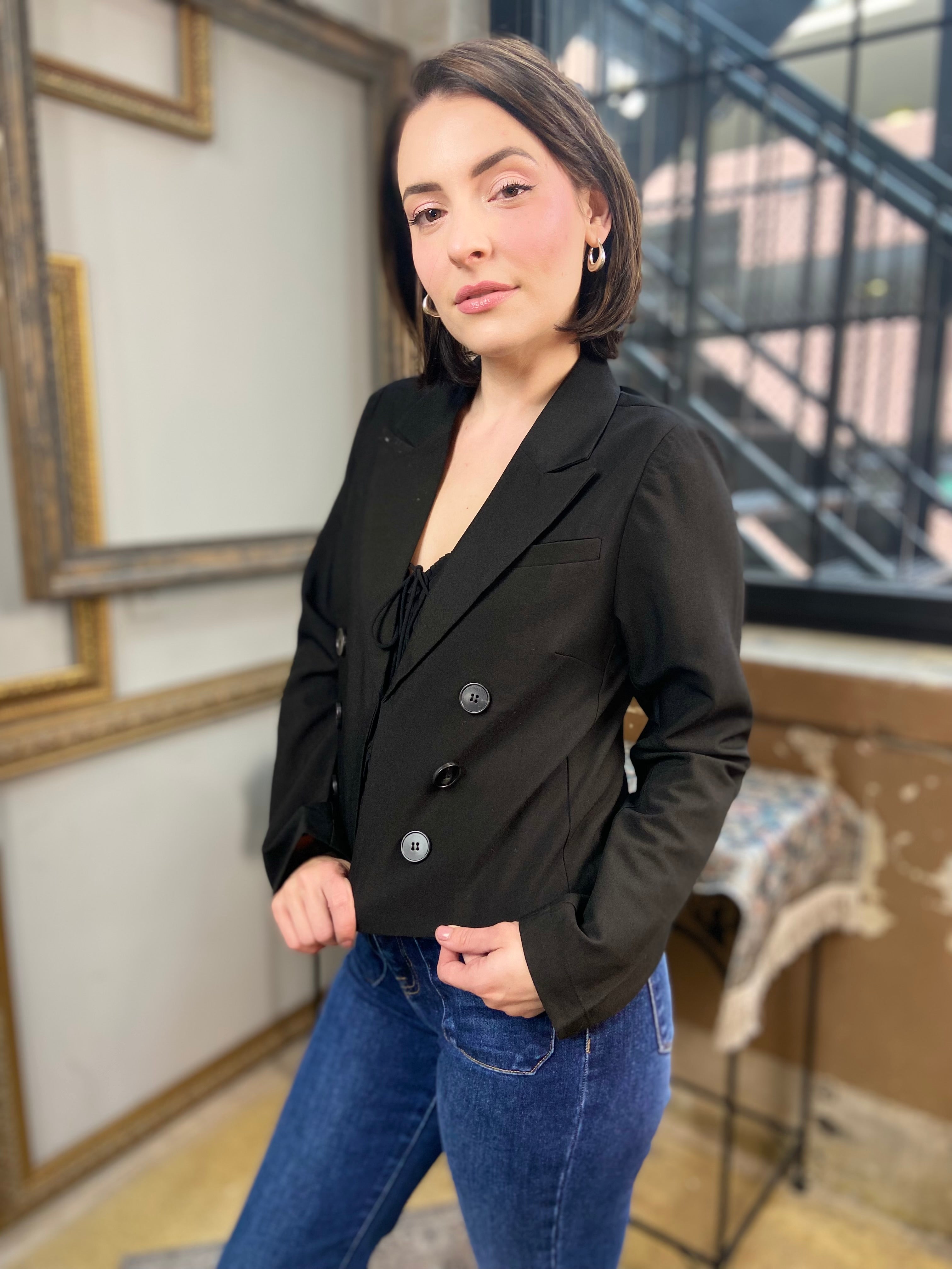 Joy Black Cropped Button Blazer Jacket