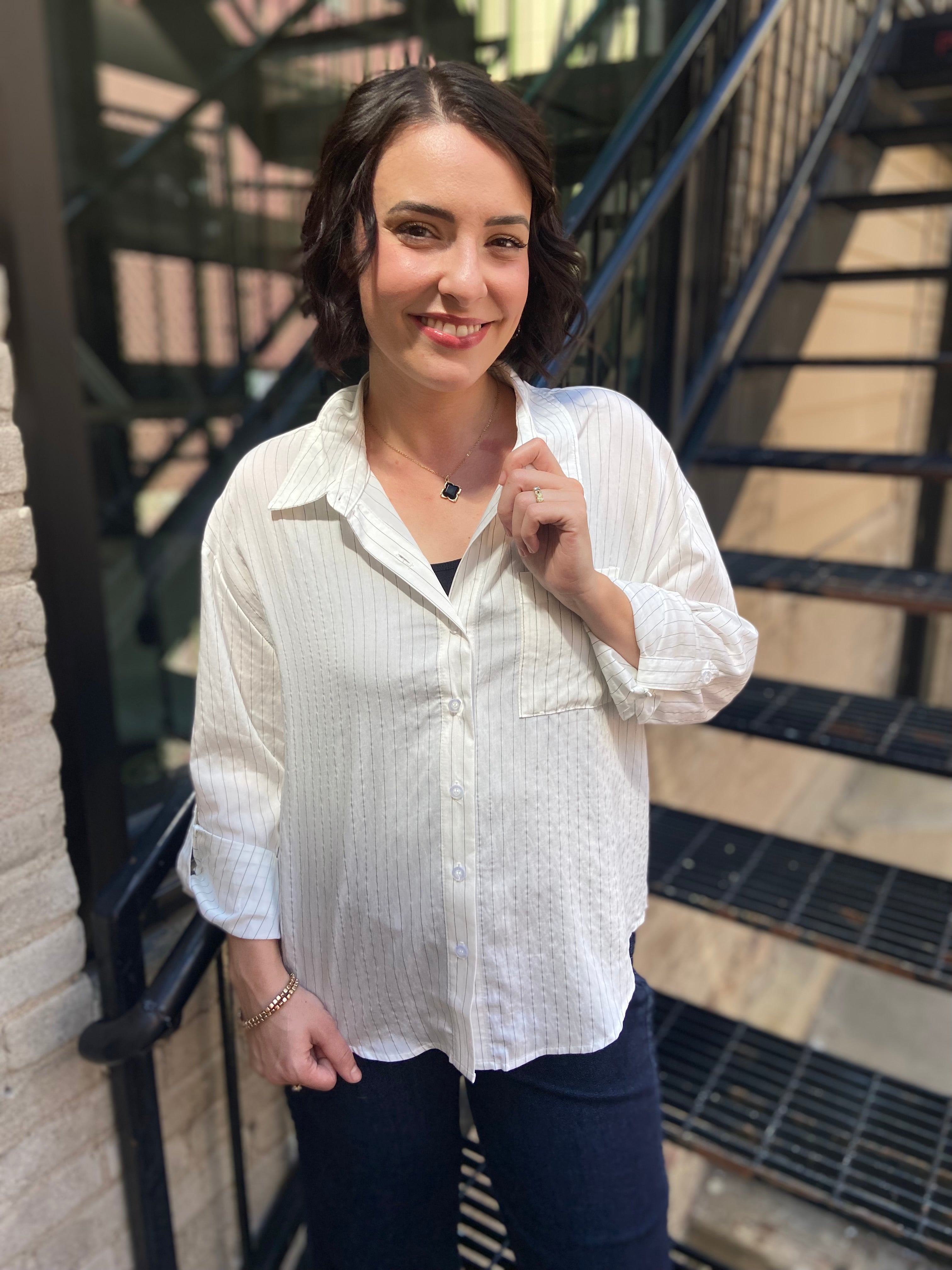Asher Off White Pinstripe Long Sleeve Button Down