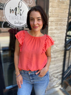 Tova Coral Ruffle Sleeve Bow Detail Top