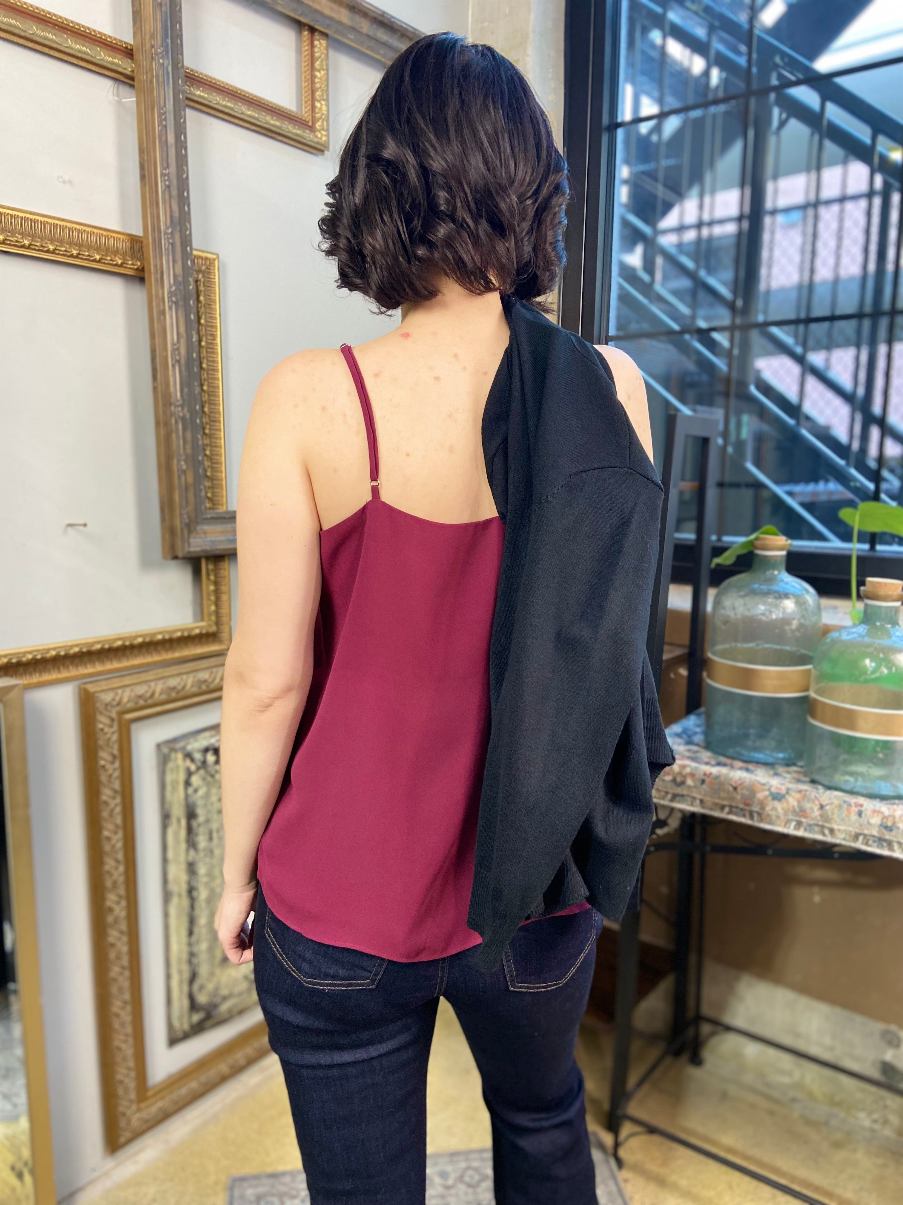 Tessa Wine Pleated Ruffle Cami Top