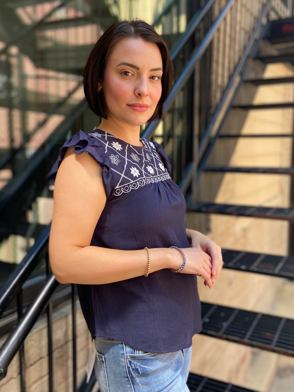 Vireo Navy Floral Embroidered Detail Top