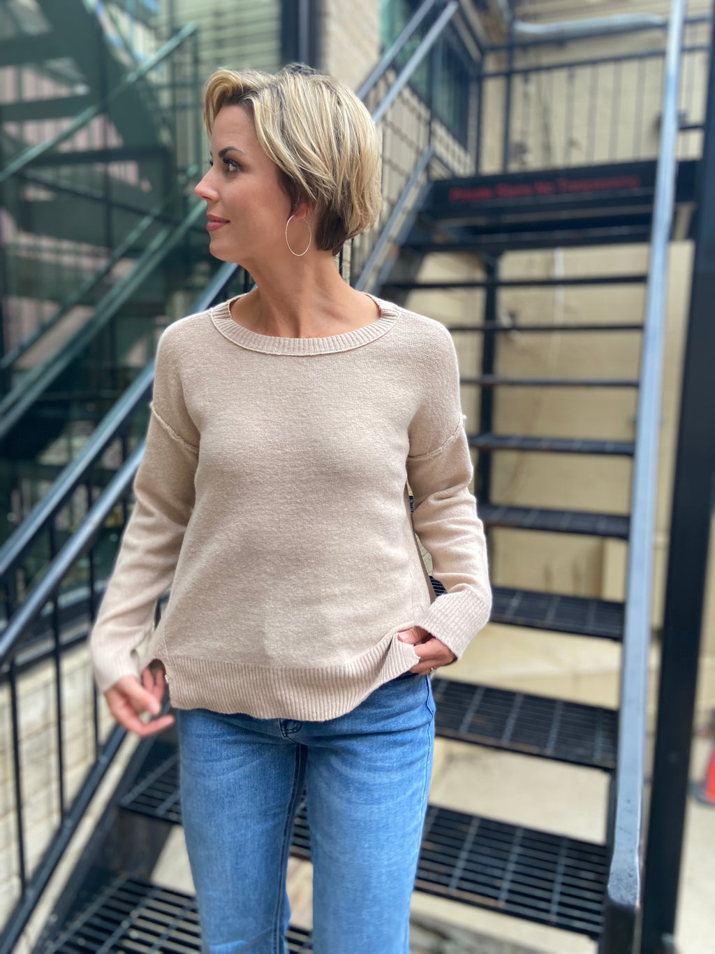 Mya Sand Raw Edge Crewneck Long Sleeve Top