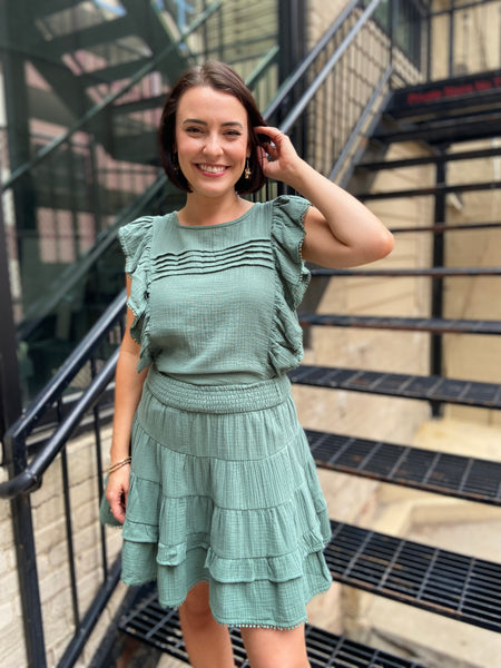 Alianne Moss Green Gauze Ruffle Top