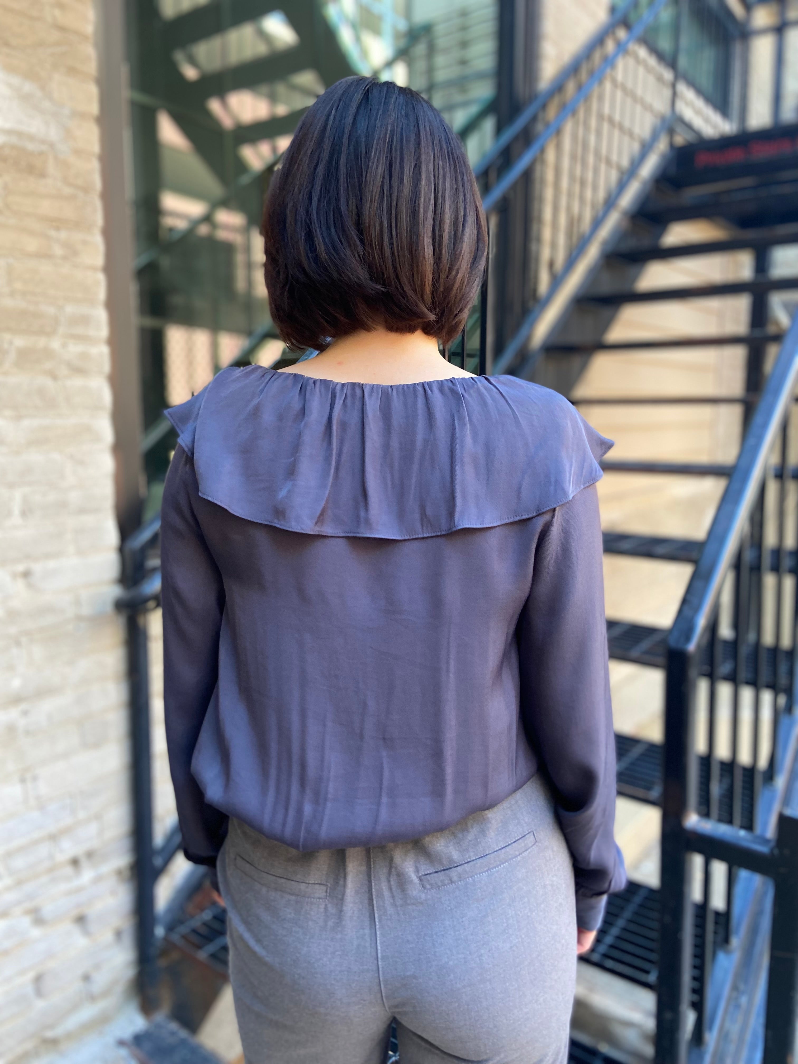 Nicole Charcoal Ruffled V-Neck Long Sleeve Blouse