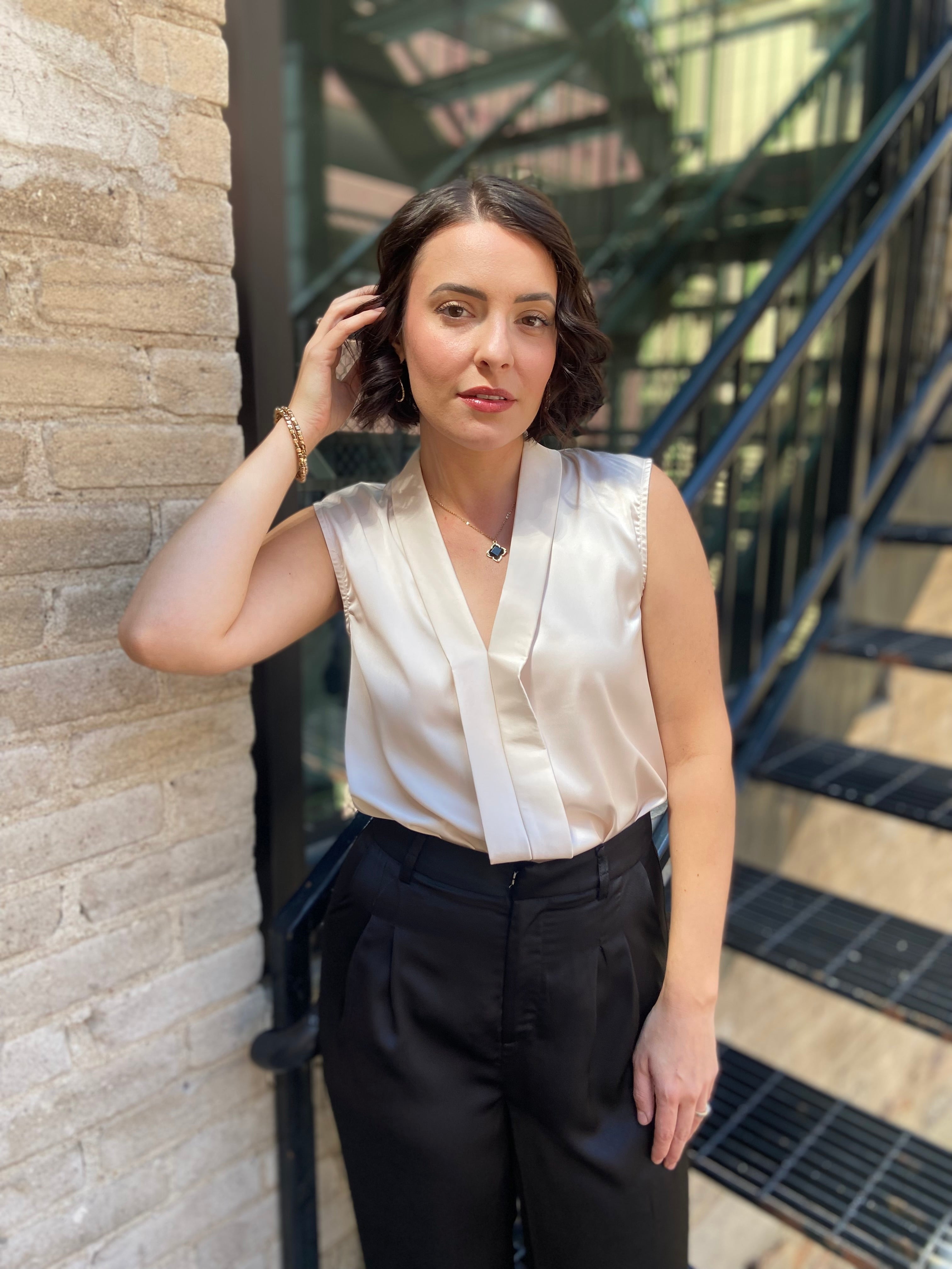 Abbey Champagne Satin Collard Sleeveless Blouse