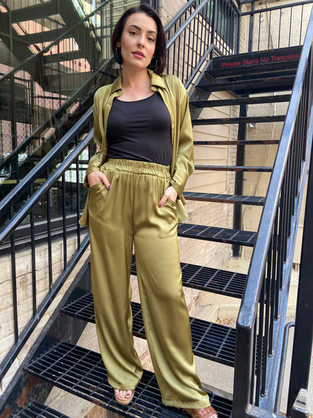 Orion Olive Satin Wide Leg Pants