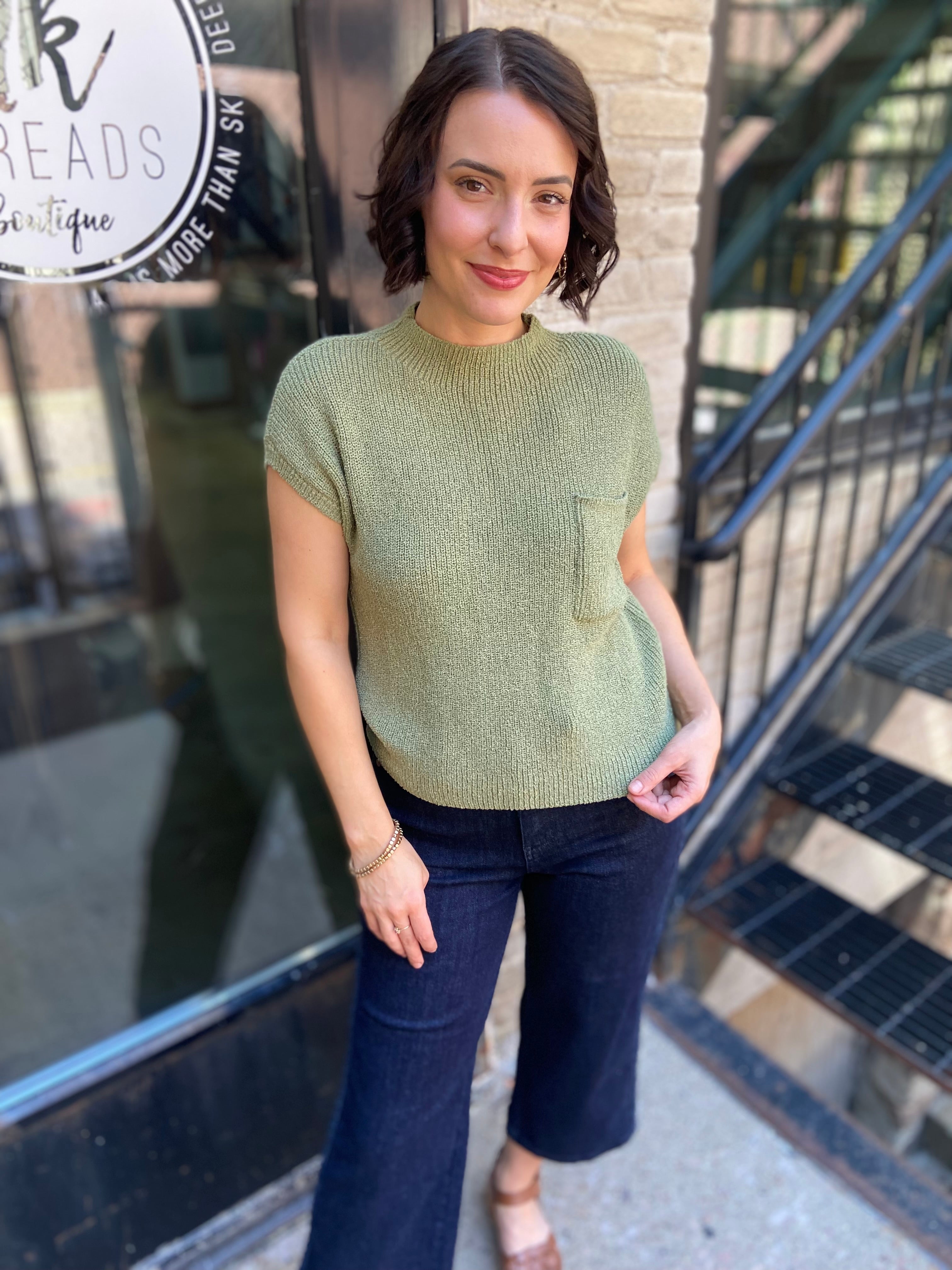 Ava Olive Short Sleeve Pocket Top