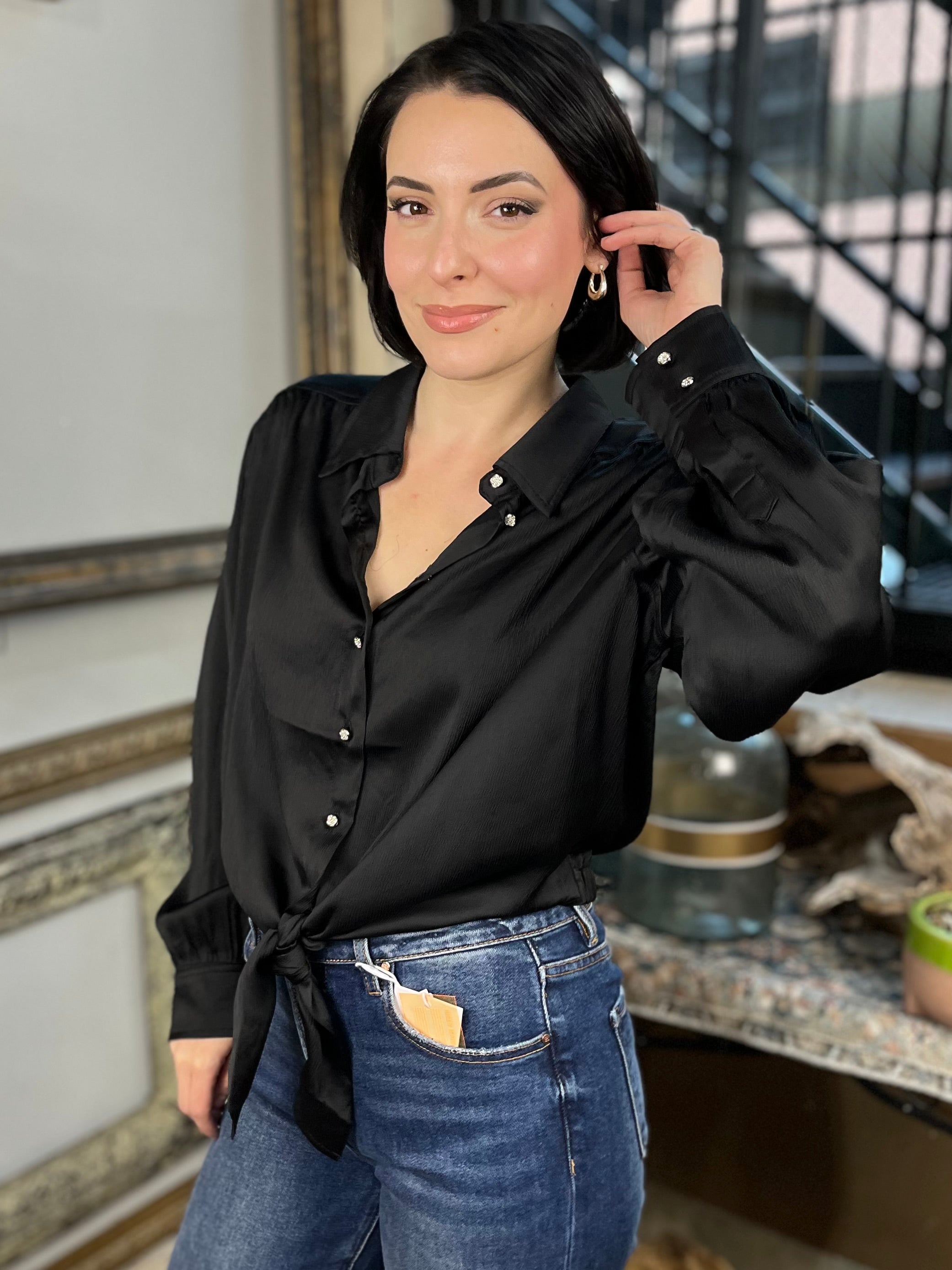 Billie Black Button Detail Long Sleeve  Button Up