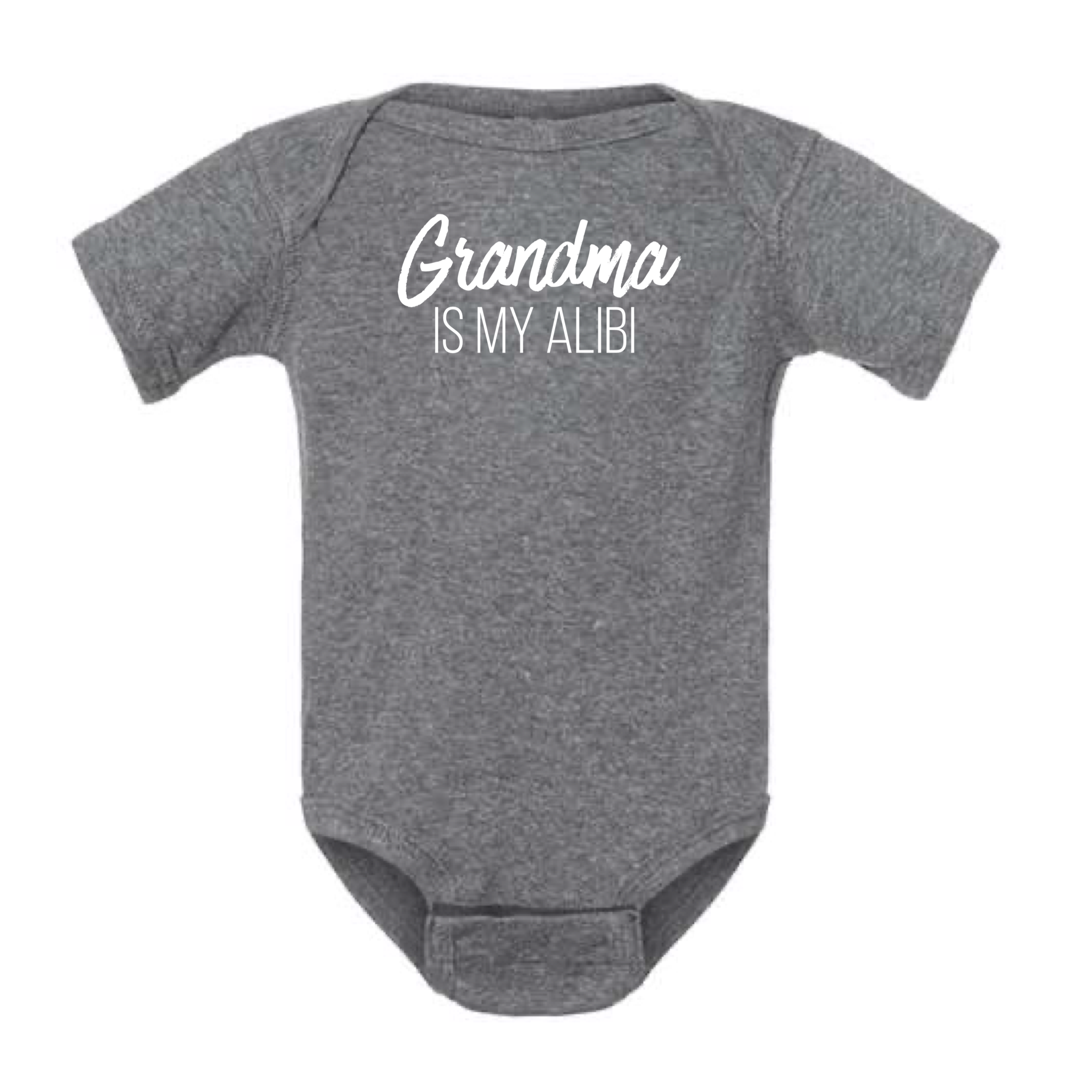 GRANDMA IS MY ALIBI BABY ONESIE: Dusty Rose -6 months