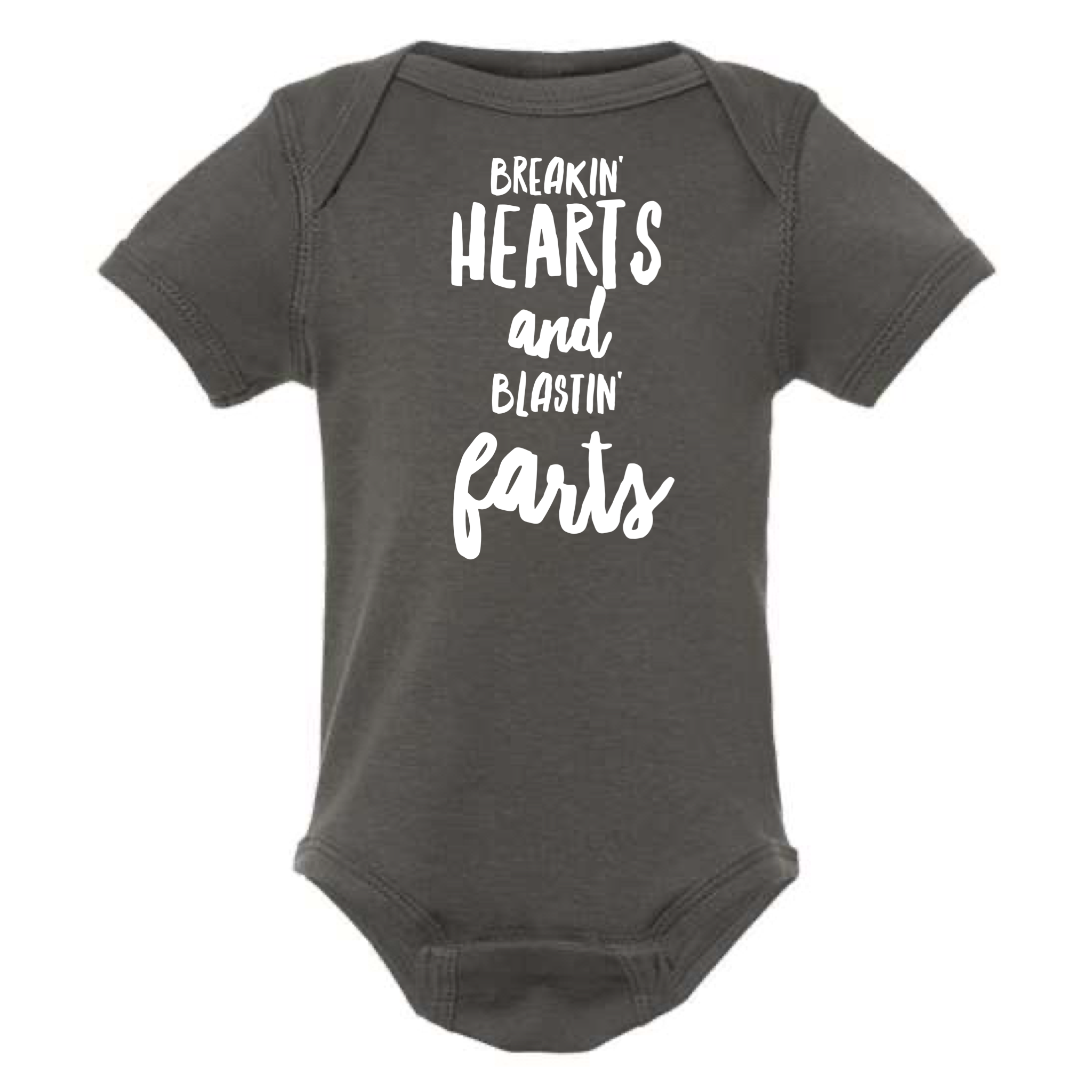 BREAKIN' HEARTS AND BLASTIN' FARTS BABY ONESIE: Black -6 months