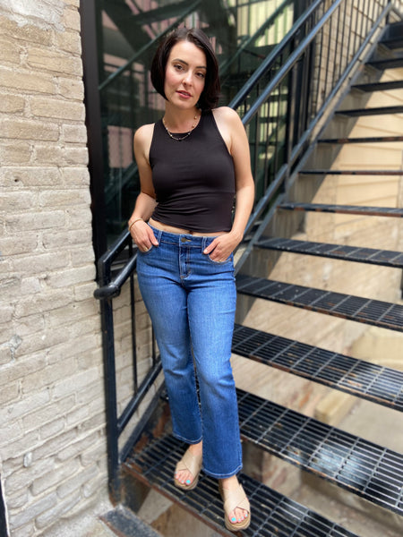 Loralee Mid Rise Dark Wash Straight Sneak Peek Jeans