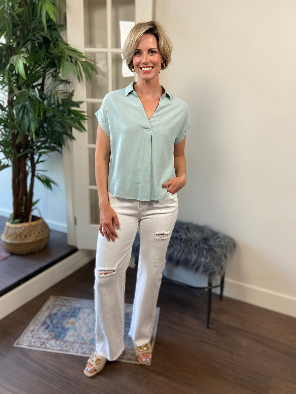 Celeste Sage Collard Cuffed Linen Top - MK Threads Boutique