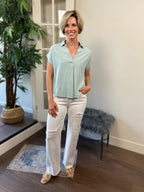 Celeste Sage Collard Cuffed Linen Top - MK Threads Boutique