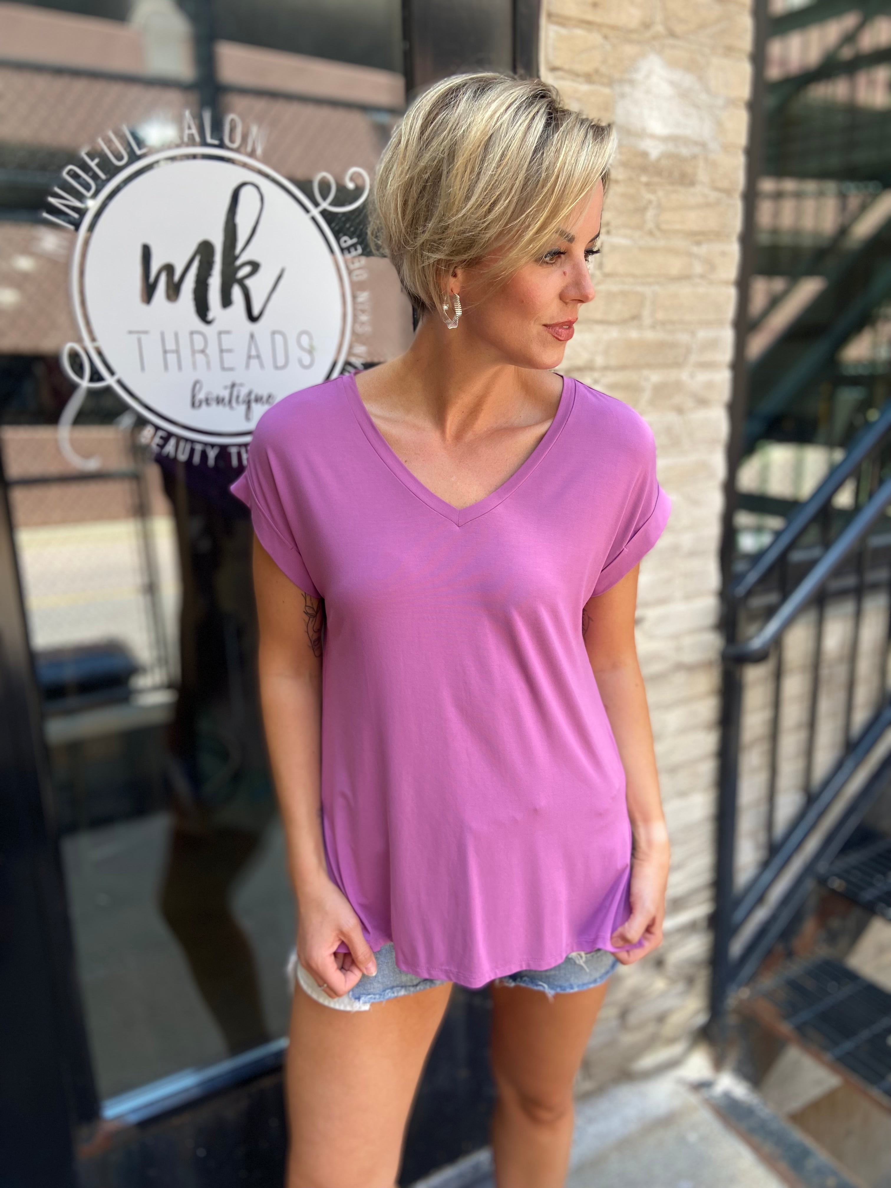 Mia Purple Oversized V Neck Tee - MK Threads Boutique