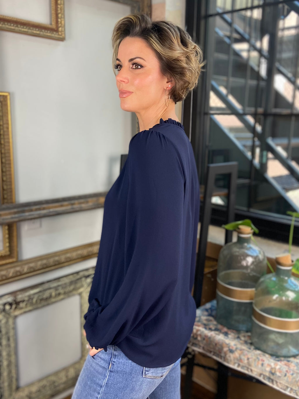 Nora Navy Blue Ruffle Long Sleeve Button Top