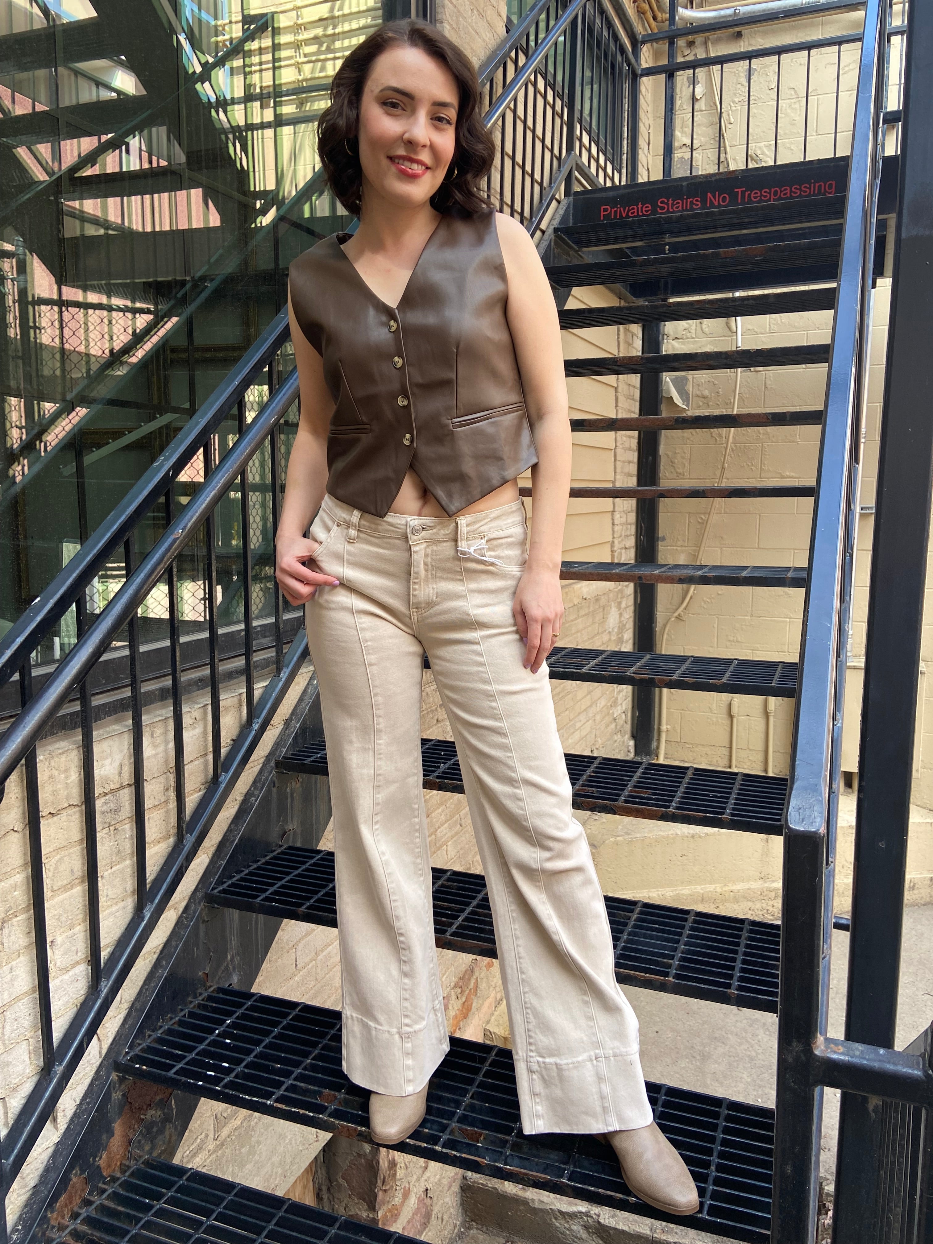 Emmy Beige Mid Rise Wide Leg Jeans