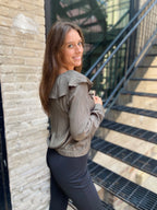 Nicole Dusty Olive Ruffled V-Neck Long Sleeve Blouse