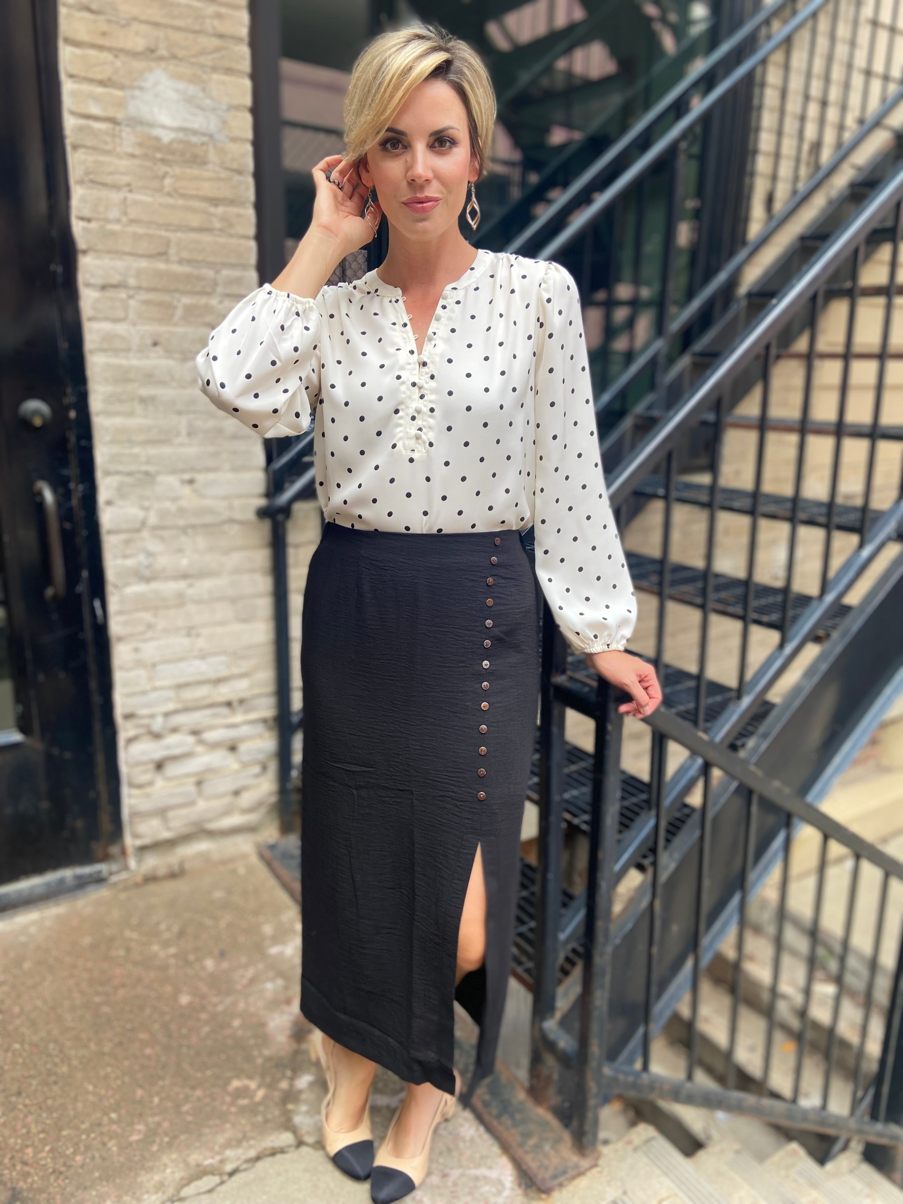 Ray Black Front Slit Button Down Linen Skirt